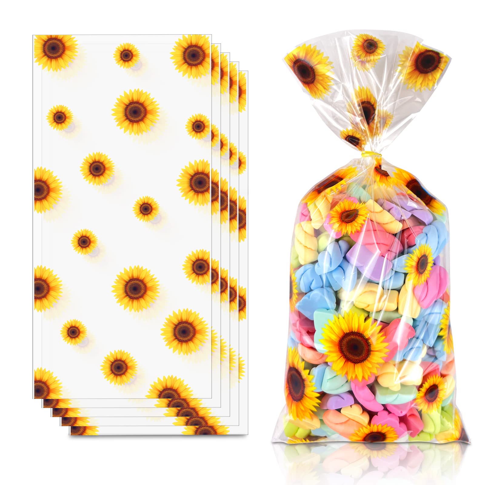 100pcs Clear Sunflower Cellophane Bags with Twist Ties - Fall Candy & Treat Bags for Birthday Parties, Baby Showers, Halloween & Thanksgiving - Sunflower Theme Party Supplies & Favor Bags