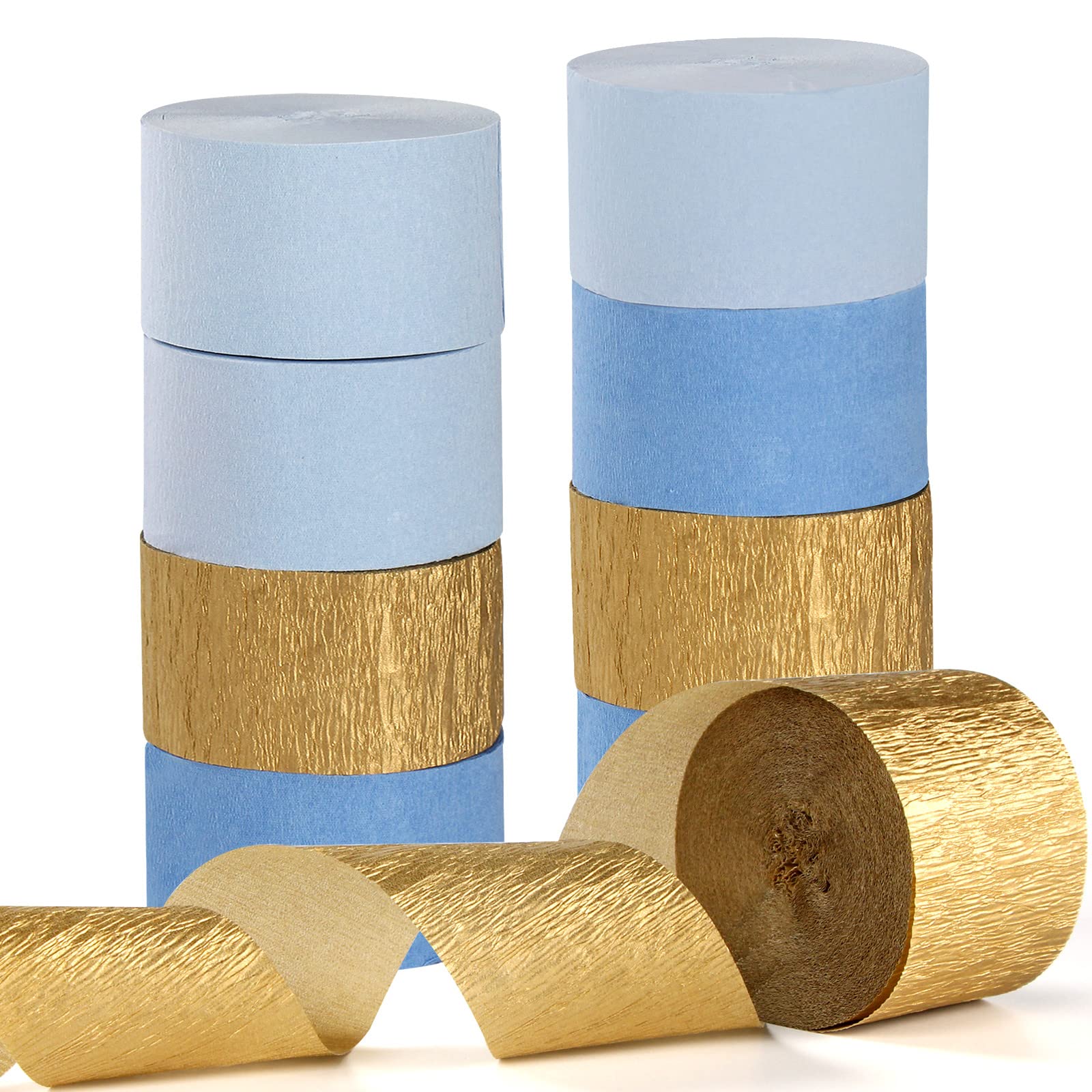 Light Dusty Blue & Gold Party Decorations Streamers - 9 Rolls Crepe Tissue Paper for Birthday, Baby Shower, Wedding, Bachelorette & Engagement Decor | Elegant Garland Backdrop for Home & Event Decorations