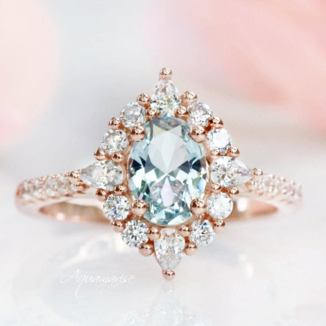 14K Rose Gold Vermeil Aquamarine Ring for Women - Elegant March Birthstone Jewelry Gift for Her - Perfect for Engagement, Anniversary & Special Occasions