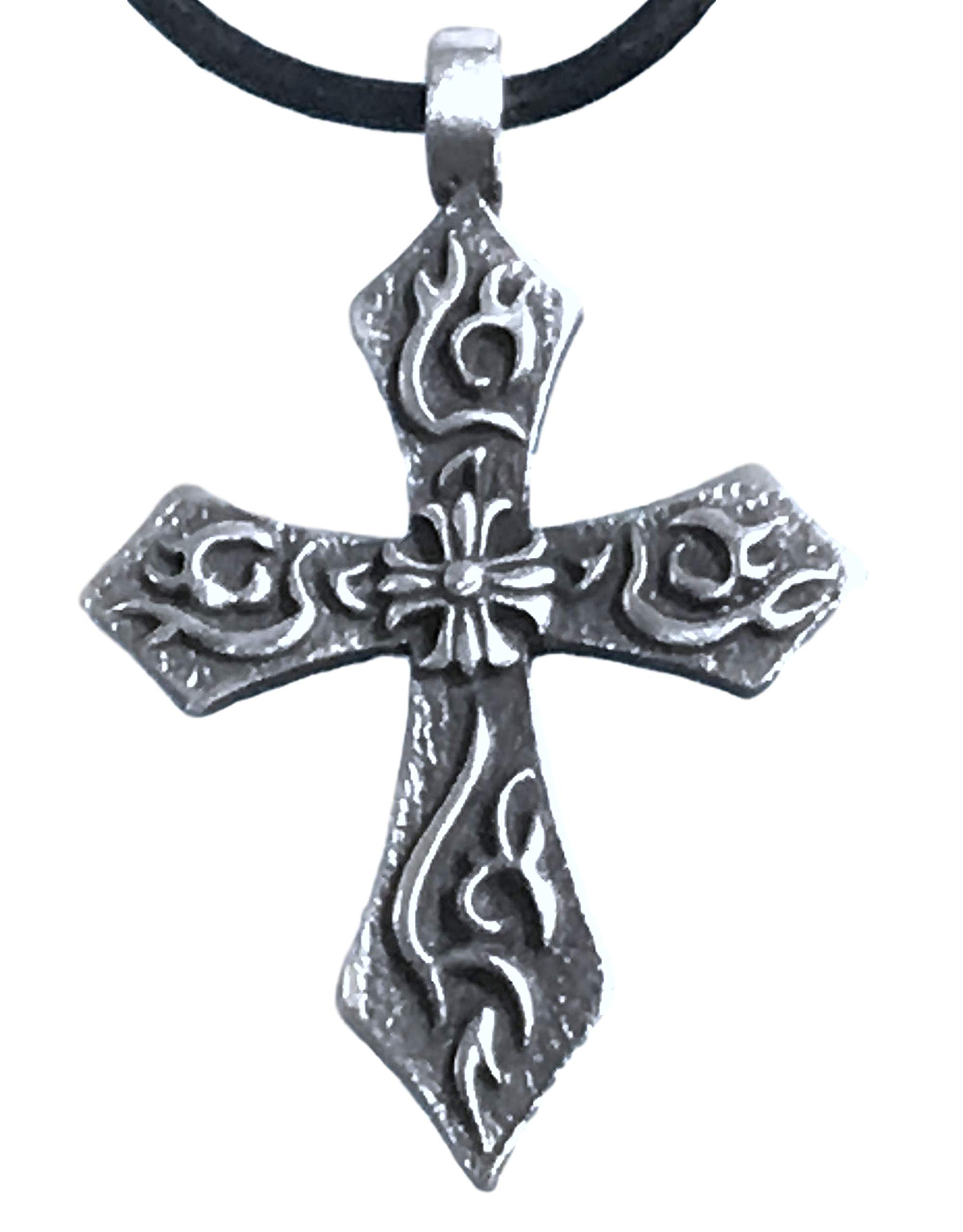 Trilogy Jewelry Pewter Flaming Cross & Iron Cross Pendant Leather Necklace for Men - Gothic Punk Style Religious Jewelry for Everyday Wear, Parties & Gifts