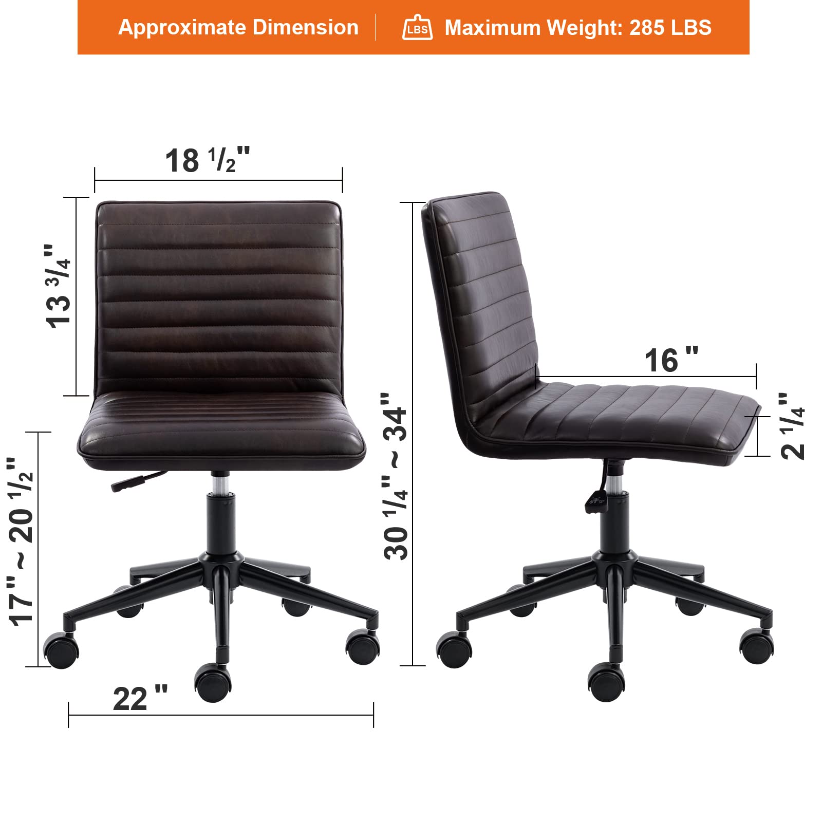 Furnimart Modern Armless Office Desk Chair - Genuine Leather Task Chair with Mid-Back Support, 360° Swivel & Height Adjustable - Ergonomic Home Office Chair for Small Spaces (Black/Brown) - Perfect for Home Offices, Study Rooms & Workspaces