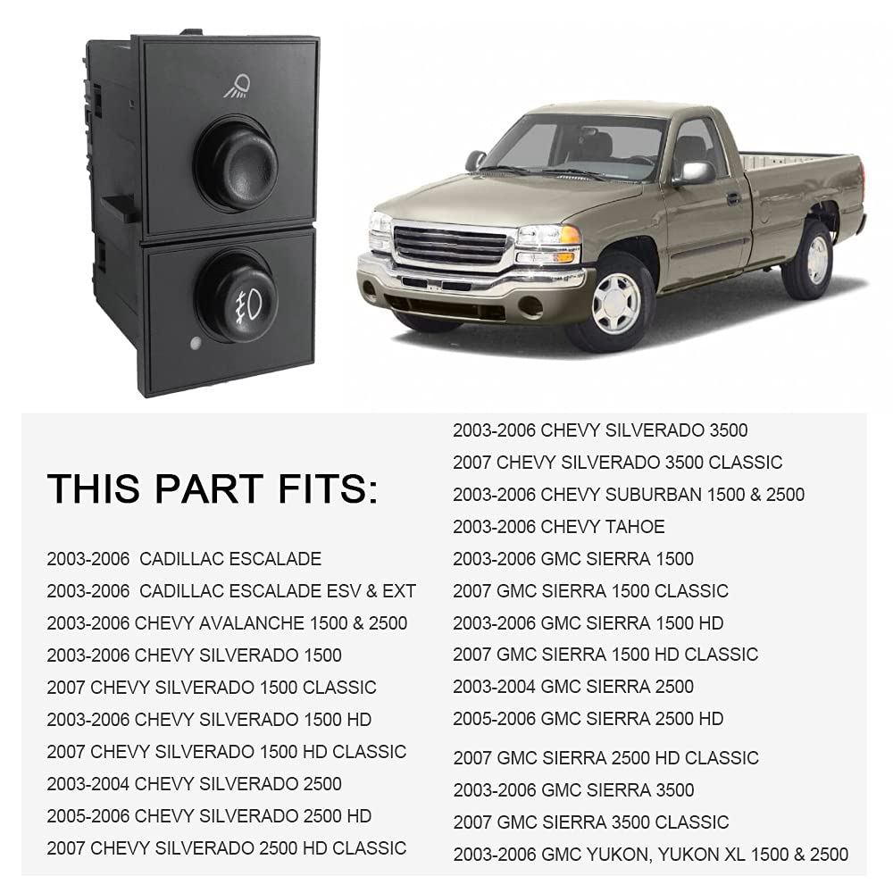 RLP Fog Light Switch & Cargo Lamp Switch Compatible with 2003-2006 Cadillac Escalade, Chevy Silverado 1500/2500/3500, GMC Sierra 1500/2500/3500 - Replaces 15143597 & 15076588 - Perfect for Off-Roading & Night Driving