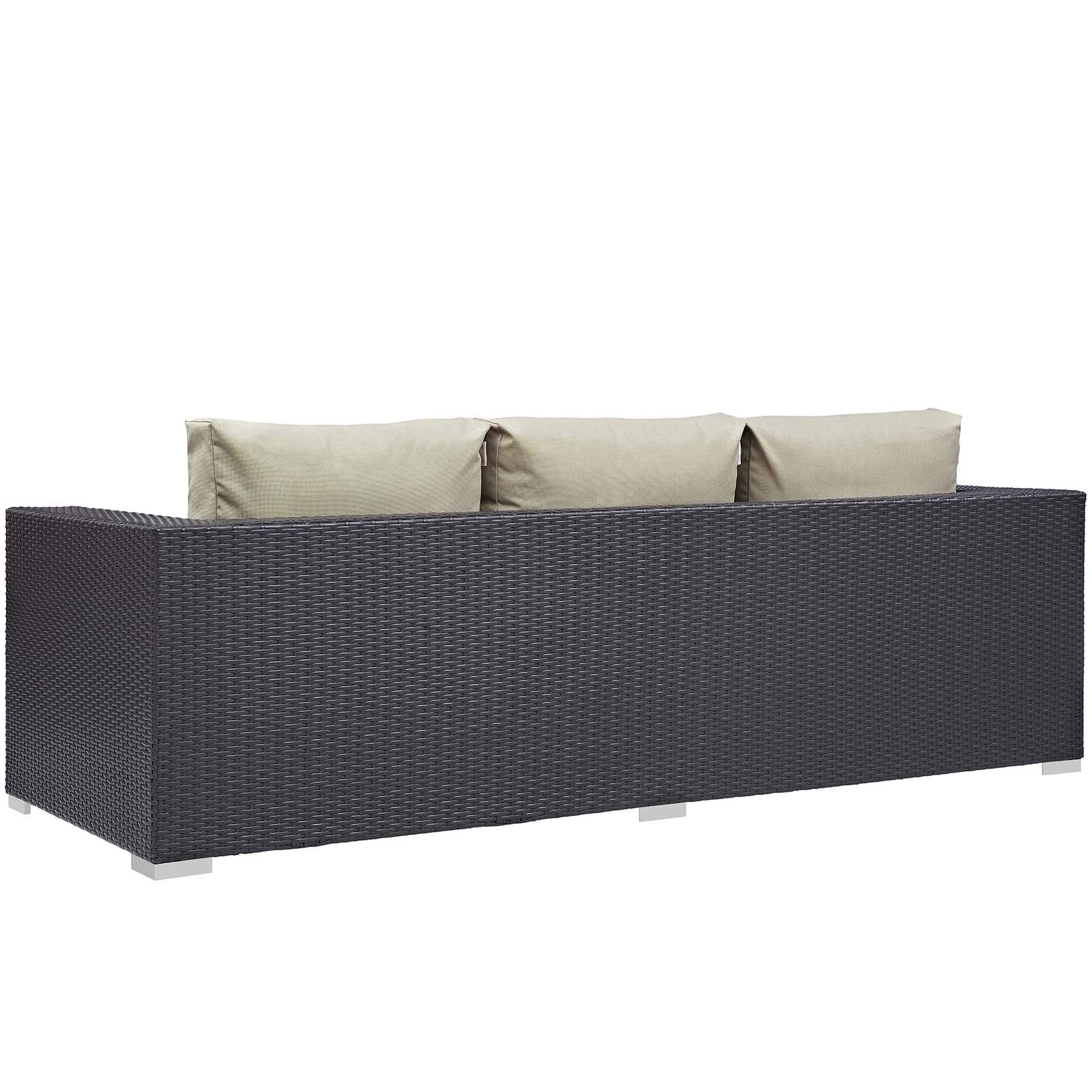 Modern Outdoor Patio Lounge Set - 3-Piece Wicker Sofa, Chair & Coffee Table with Fire Pit - Beige Rattan Furniture for Backyard, Garden, Poolside Relaxation