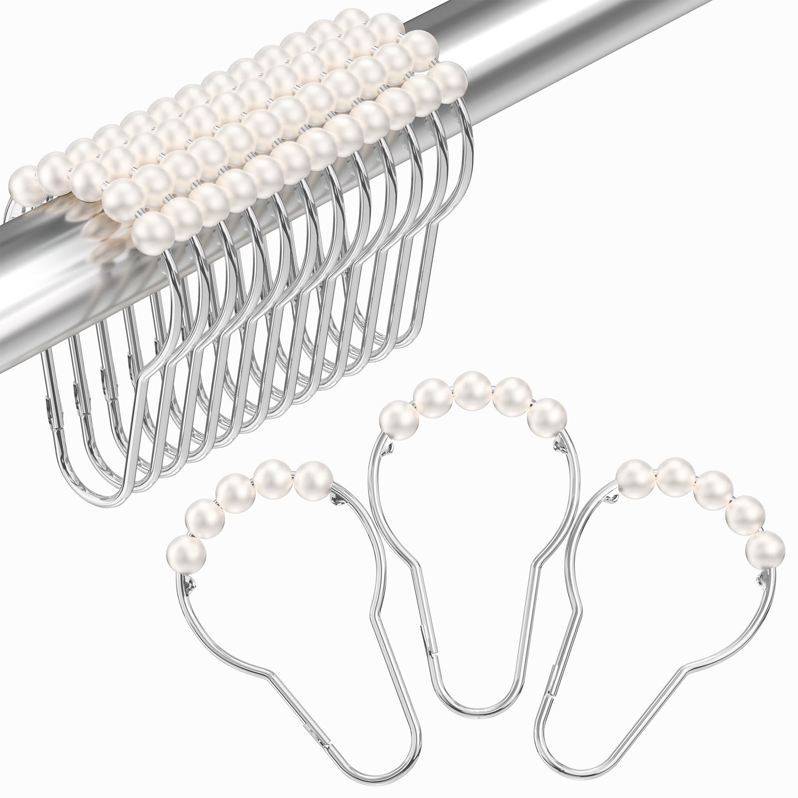 Stainless Steel Shower Curtain Hooks - 12 Pack Decorative Bathroom Hooks for Shower Curtains, Rustproof & Durable White Shower Accessories - Perfect for Bathroom, Hotel, and Home Decor