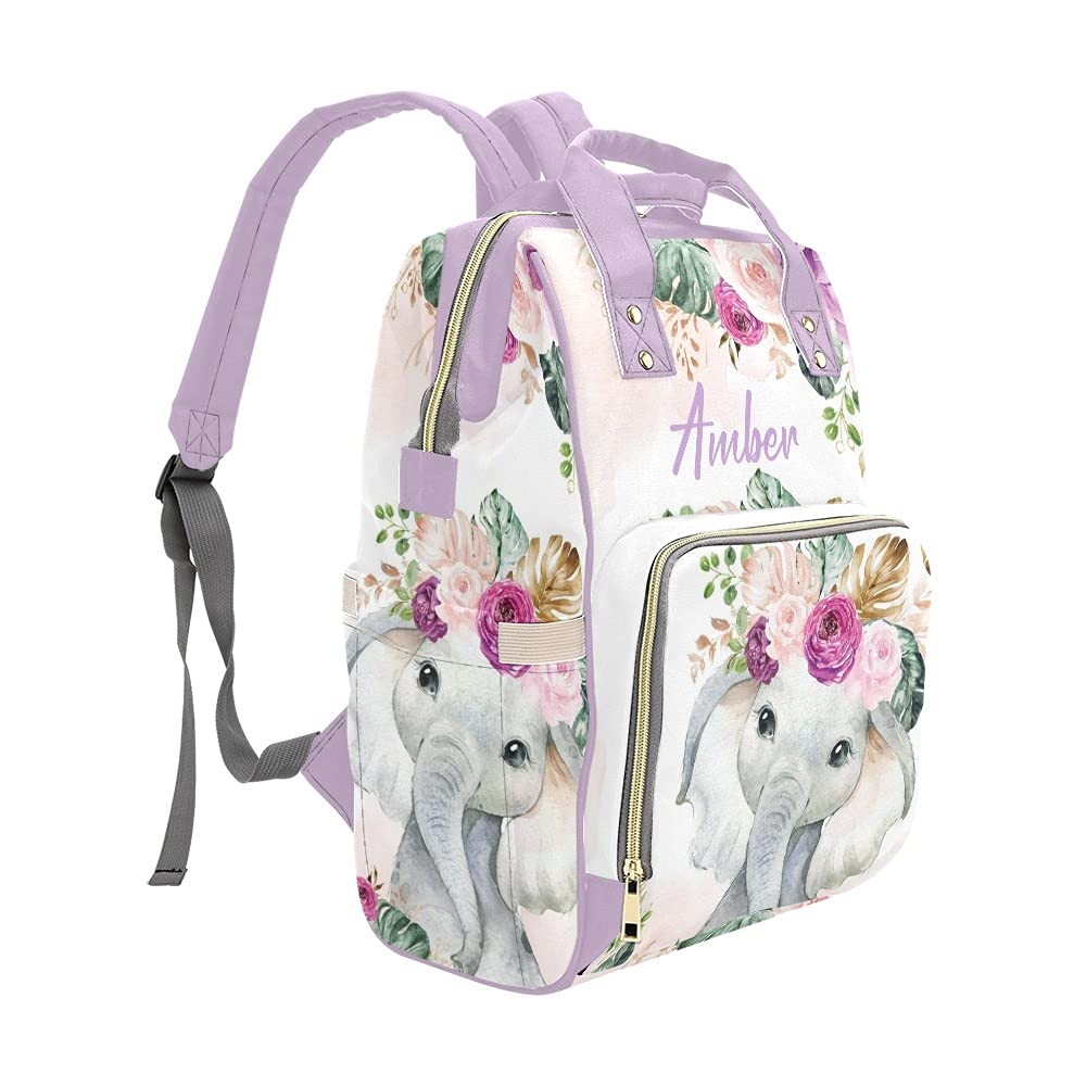 **Personalized Purple Floral Elephant Diaper Backpack - Stylish Nursing & Nappy Bag for Moms, Baby Essentials Organizer, Perfect for Travel, Outings & Baby Showers**
