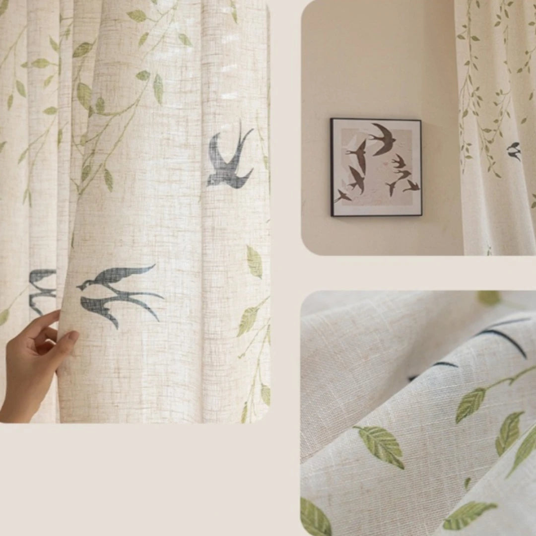 Lisa Serene Swallow Botanical Semi-Sheer Custom Curtains - Elegant Window Treatments for Living Room, Bedroom & Nursery Decor