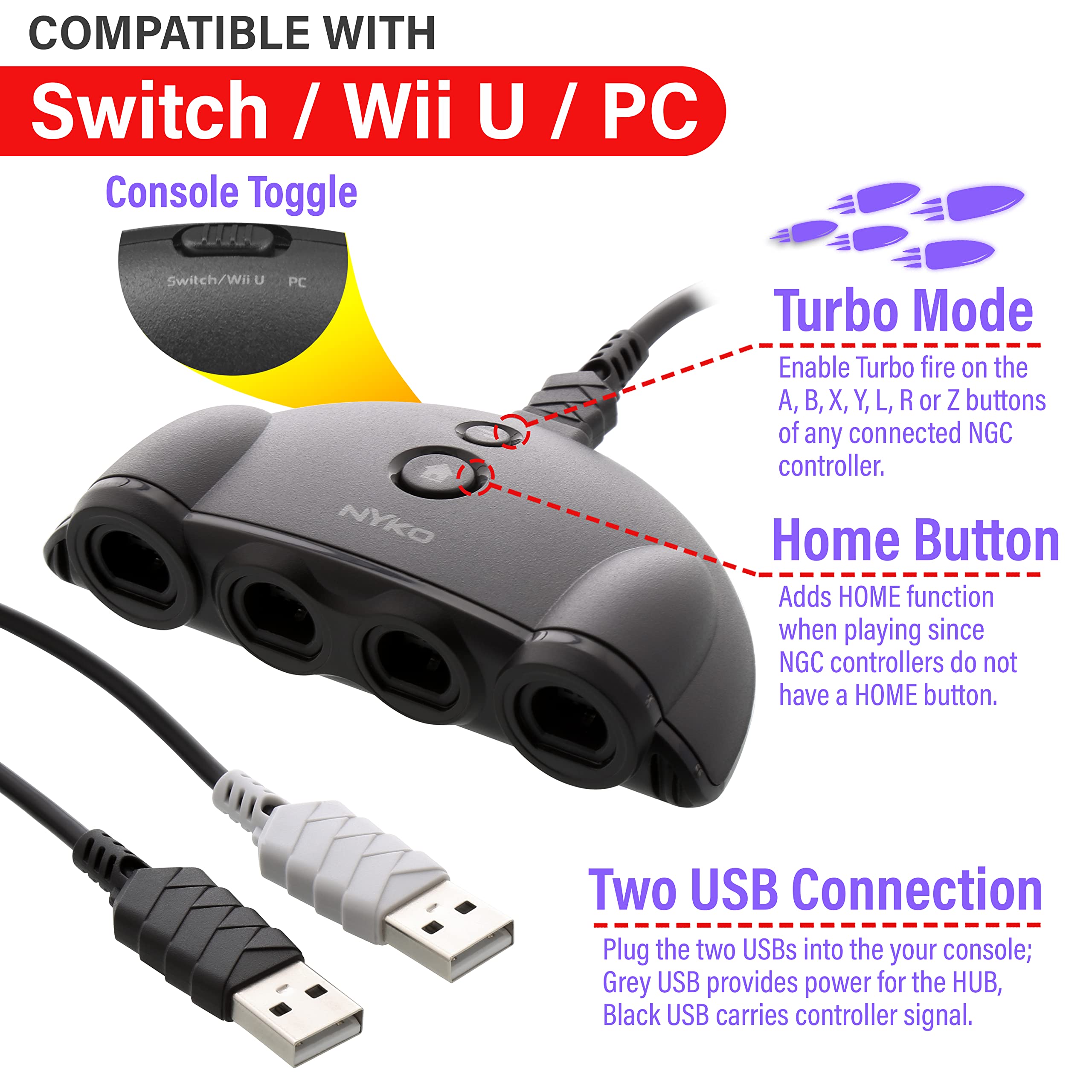 Nyko GameCube Controller Adapter - 4 Port for Nintendo Switch with Turbo Mode | Perfect for Smash Bros & Retro Gaming
