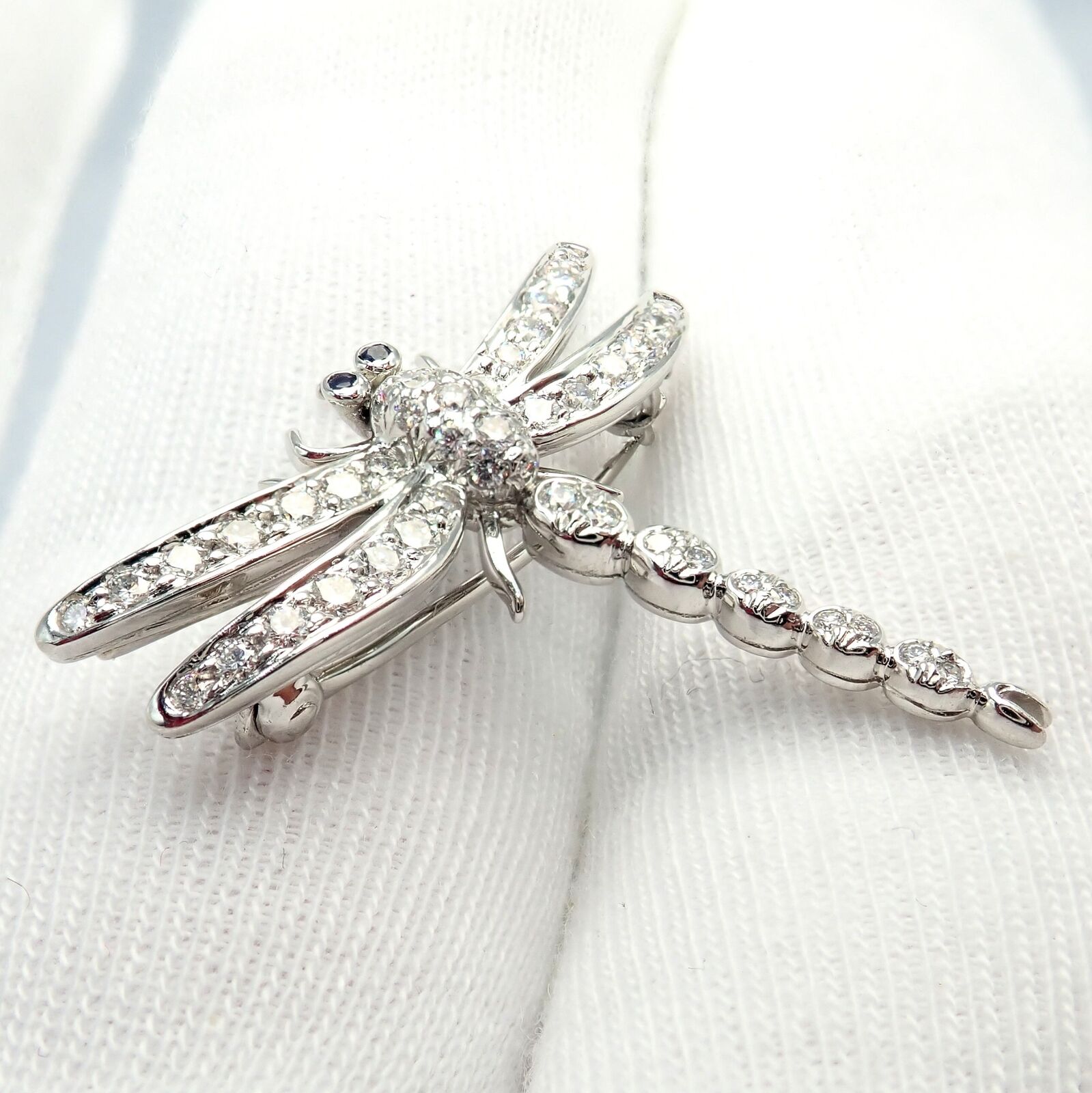 Authentic Tiffany & Co. Platinum Dragonfly Diamond Sapphire Brooch Pin - Elegant Jewelry for Women, Perfect Gift for Anniversaries & Special Occasions