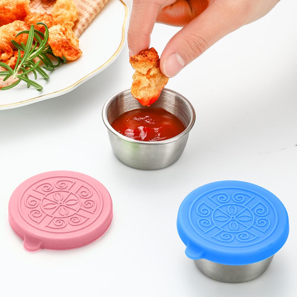 HASTHIP® 2 Pack 40ML Stainless Steel Salad Dressing Containers with Lids - Reusable Leakproof Sauce Cups for Bento Box, Picnic, Travel, Camping & Office Lunch - Pink & Blue Set