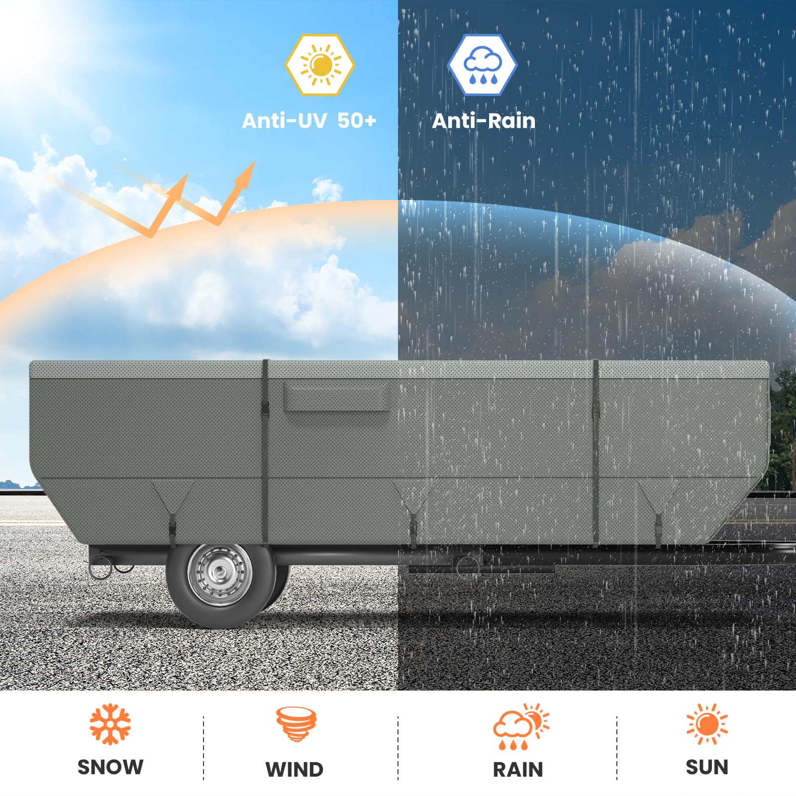 Waterproof Pop Up Camper Cover - Heavy Duty 900D Folding Trailer RV Cover with 7 Reinforced Windproof Straps (Fits 10'-12') - Perfect for Outdoor Camping & RV Storage Protection