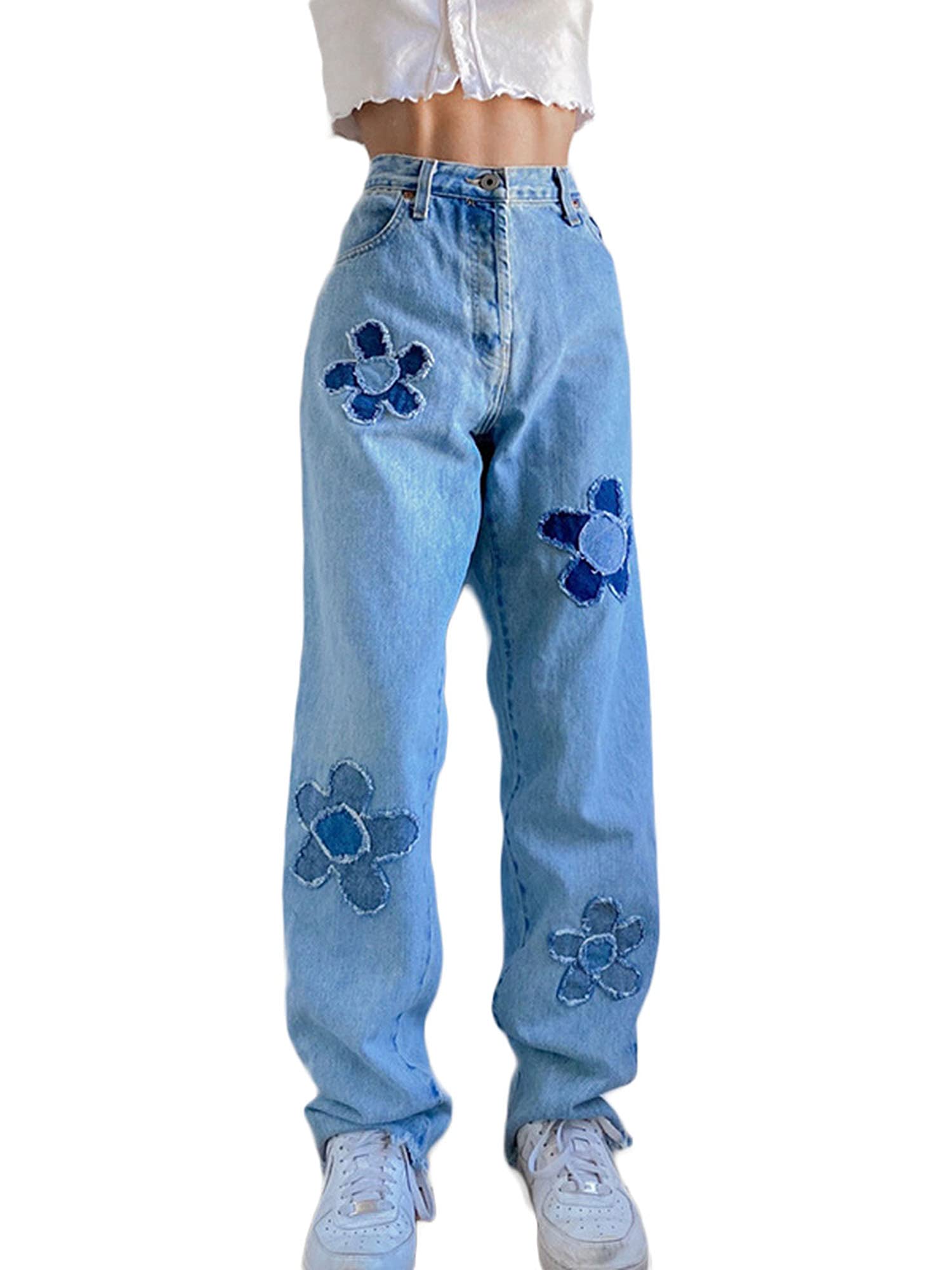 Bowanadacles Y2K Women's Casual High Waist Floral Print Straight Leg Jeans - Loose Fit Pants with Pockets for Streetwear, Retro Fashion & Everyday Comfort
