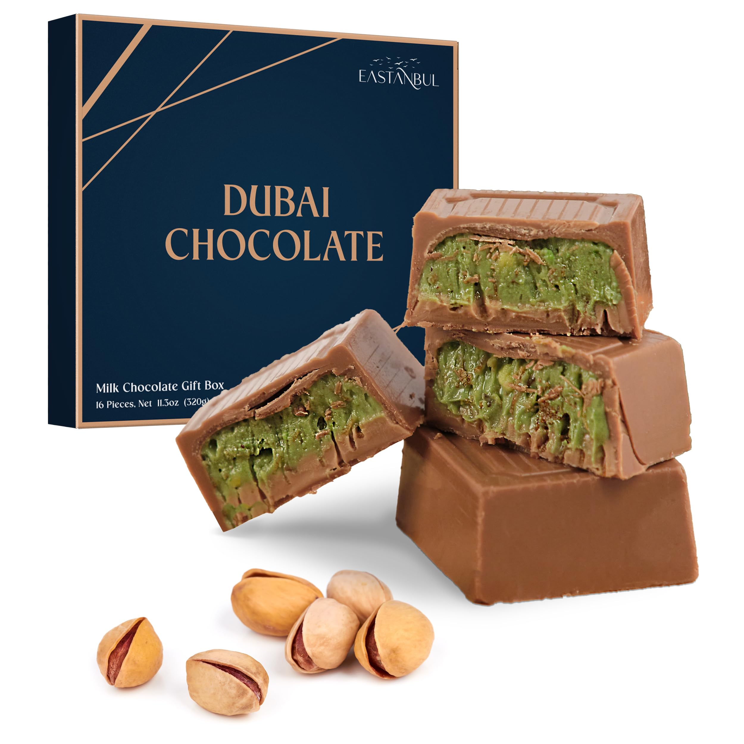 Premium Pistachio Dubai Chocolate Bar - 11.3oz (16 Pieces) with Shredded Phyllo Dough & Knafeh | Authentic Middle Eastern Treat | Viral Candy Gift Box for Holidays, Parties & Special Occasions