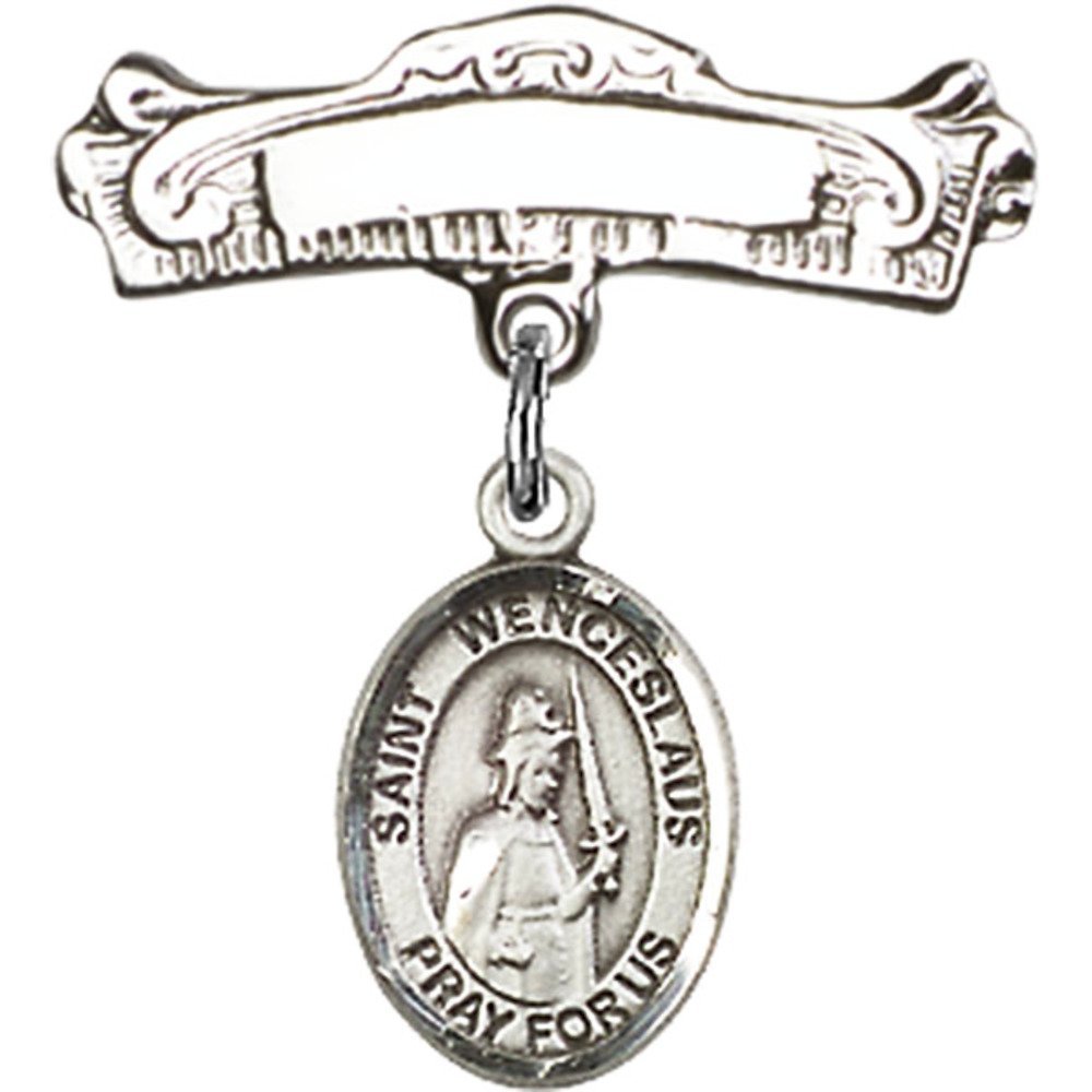 St. Wenceslaus Sterling Silver Baby Badge - 7/8 X 7/8 Inch Arched Polished Pin - Perfect for Christening, Baptism & First Communion Gifts