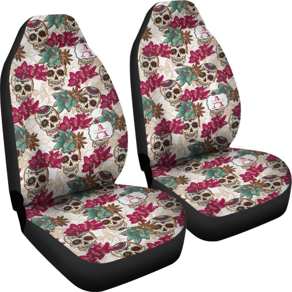 2 Pcs Sugar Skull Car Seat Covers - Universal Fit for Cars, Trucks & SUVs - Halloween & Dia de Los Muertos Decor - Protects Seats from Stains & Spills