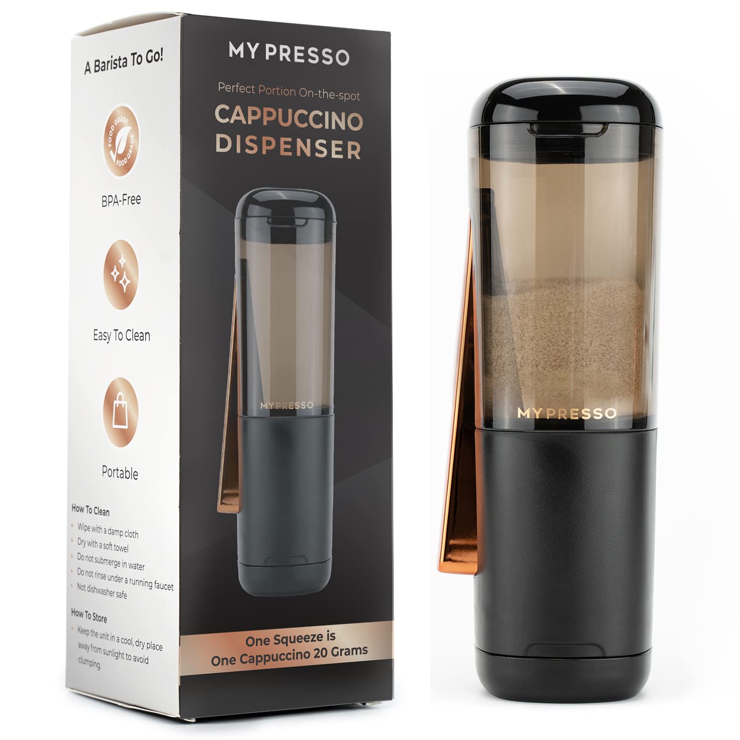 **Mypresso Large Coffee Dispenser - Quick Brewing Instant Coffee Powder Container | Holds 132g of Coffee, Cocoa & Sugar | Ultra-Portable for Home, Office & Travel Use**