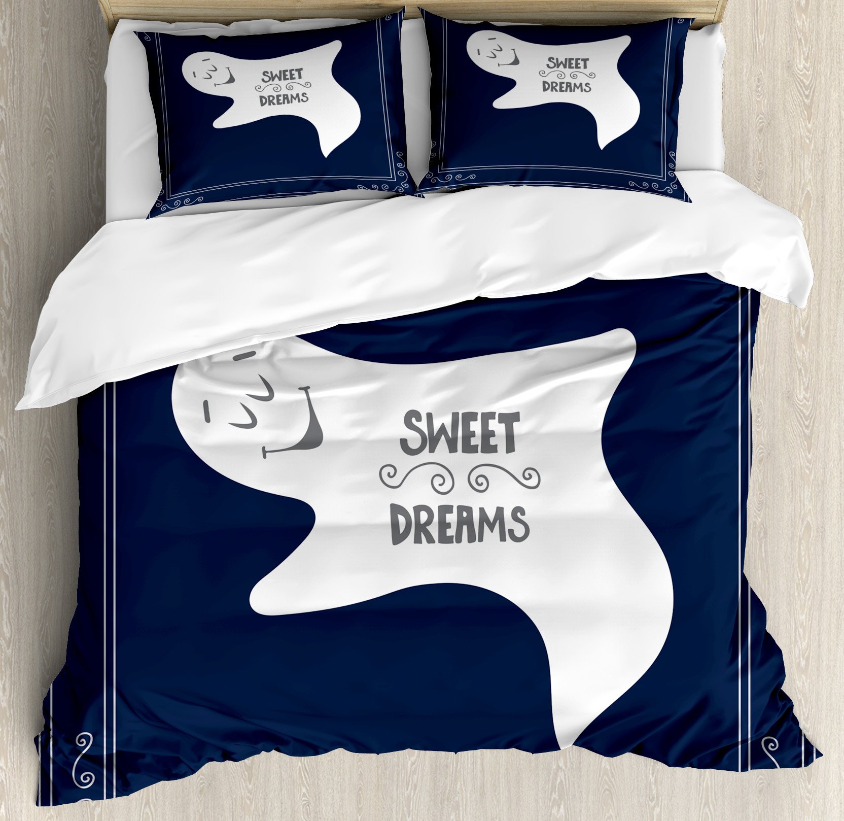 Ambesonne King Size Duvet Cover Set - 3 Piece Bedding with Sleeping Ghost Design on Dark Blue Backdrop, Includes 2 Pillow Shams in Pale Grey & Dark Blue | Gothic Home Decor for Halloween & Spooky Bedroom Themes