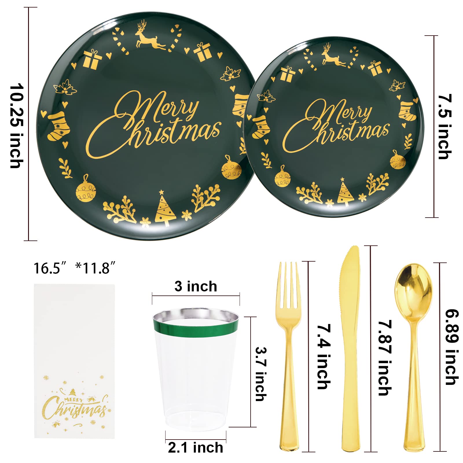 YOUBET 175-Piece Christmas Party Dinnerware Set - 25 Green Plastic Plates, 25 Gold Plastic Silverware (Knives, Forks, Spoons), 25 Cups & 25 Napkins - Holiday Tableware for Christmas Celebrations, Family Gatherings & Festive Decorations
