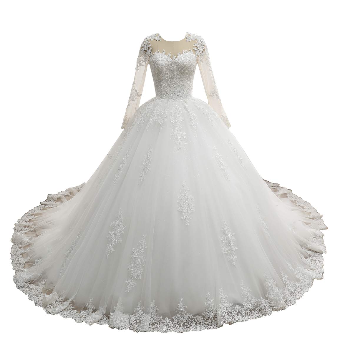 Elegant Long Sleeve A-Line Bridal Gown with Beaded Lace Detailing - Ivory Plus Size Wedding Dress with Train (20+) | Perfect for Beach Weddings, Formal Ceremonies & Romantic Photos