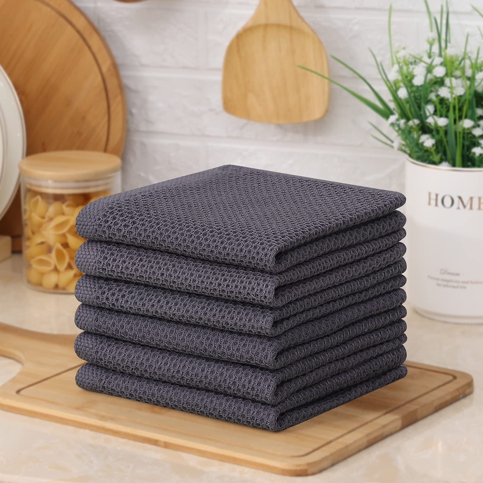 Kitinjoy 6 Pack 100% Cotton Waffle Weave Dish Cloths - Ultra Soft & Highly Absorbent Kitchen Towels (12x12 Inches, Dark Grey) for Drying Dishes, Cleaning Countertops & Everyday Kitchen Use