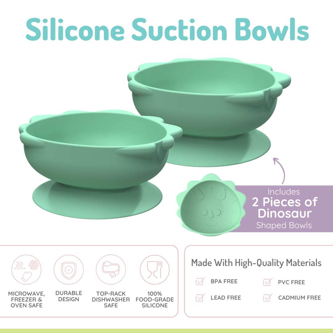 Melii Dinosaur Silicone Suction Bowls for Babies & Toddlers - 2 Pack (10.1 oz Each) | 100% Food Grade, BPA Free, Dishwasher & Microwave Safe | Fun Animal-Shaped Feeding Bowls for Kids Mealtime, Snacks & Travel