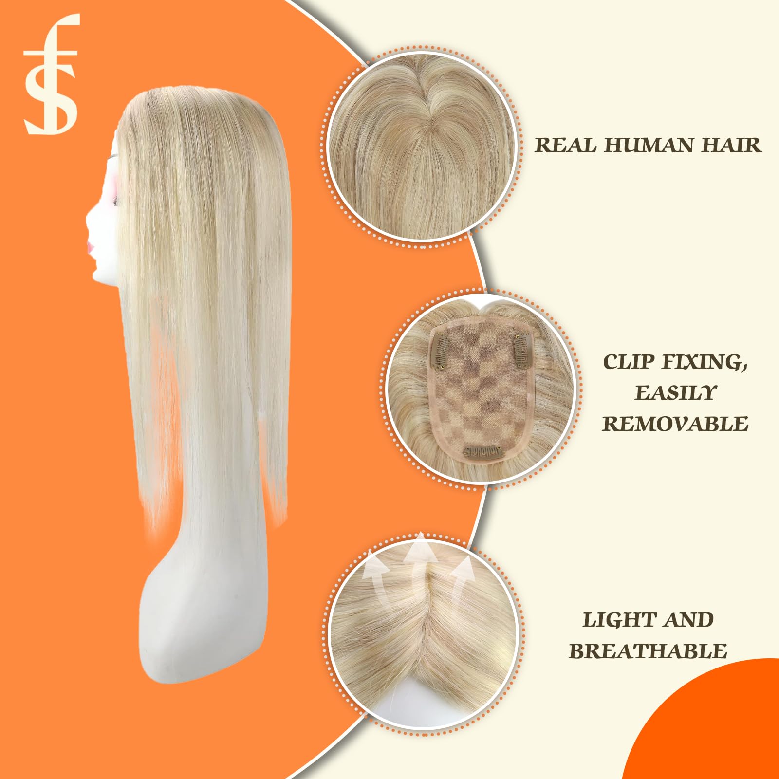 Full Shine Human Hair Toppers for Women with Thinning Hair - 16 Inch Clip-in Hairpiece (Color 18P613 Ash Blonde & Blonde) | Natural Looking Hair Topper for Volume & Coverage - Perfect for Daily Wear, Special Occasions & Hair Loss Solutions