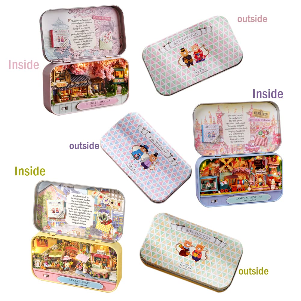 DIY Miniature Landscape Box Theater - Sakura Dreamland, Lucky Fair & Candy Adventure Miniature Dollhouse Kits | 3 Creative Small Iron Box Scene Sets for Home Decor, Gift Giving & Collectors | Perfect for Dollhouse Enthusiasts, Model Train Scenes & Tabletop Displays