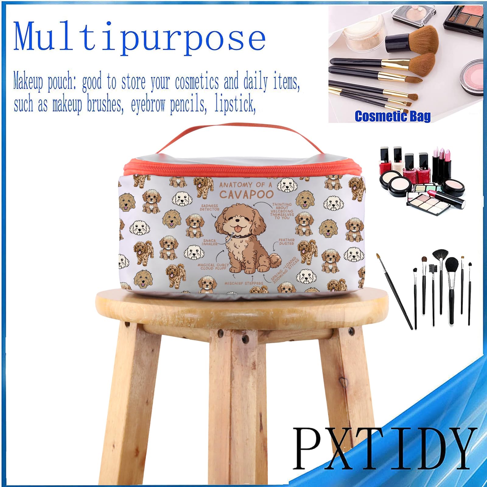 PXTIDY Cavapoo Themed Toiletry Organizer Bag - Perfect Gift for Cavapoo Lovers, Dog Moms & Owners - Waterproof Cosmetic Travel Case (Grey) - Ideal for Travel, Gym & Daily Organization