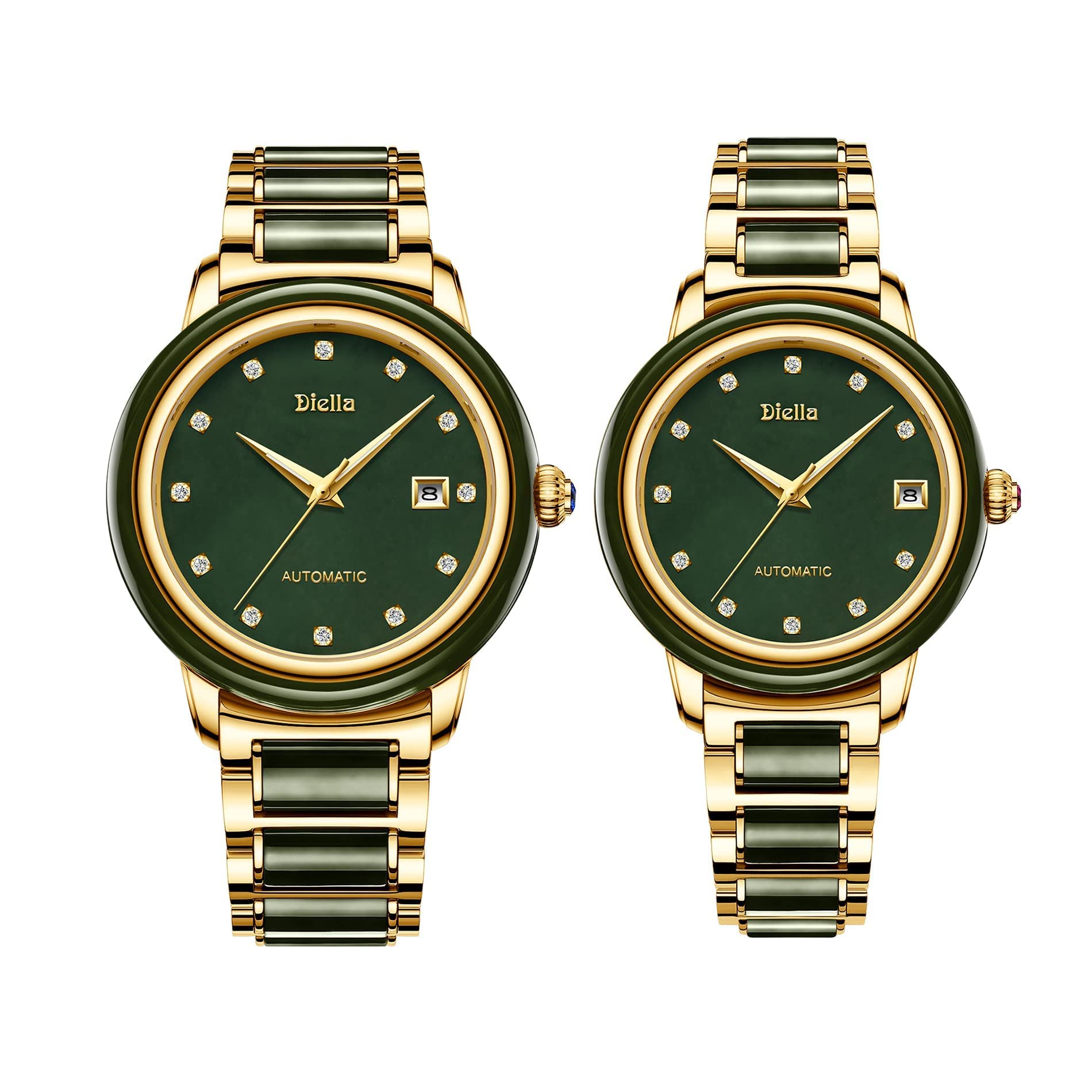 Diella Luxury Self-Winding Couple Watches for Men & Women - Gold Stainless Steel with Dark Green Jade - Perfect Valentine's Day Gift for Anniversary, Wedding & Romantic Occasions