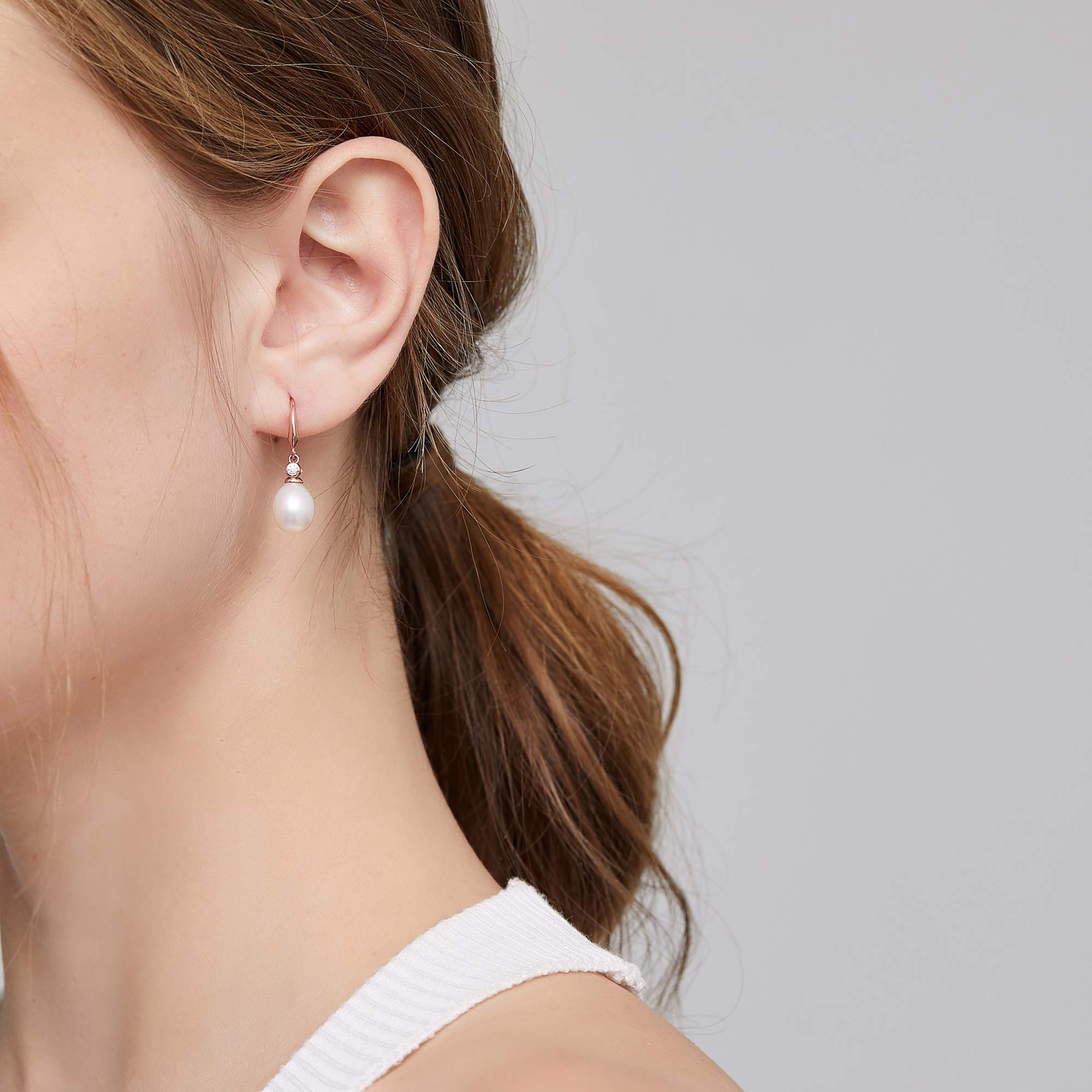 925 Sterling Silver Pearl Dangle Earrings for Women | 8MM-10MM Freshwater Pearl Drop Earrings with Diamond Accents | Elegant Jewelry Gift for Wedding, Party & Special Occasions