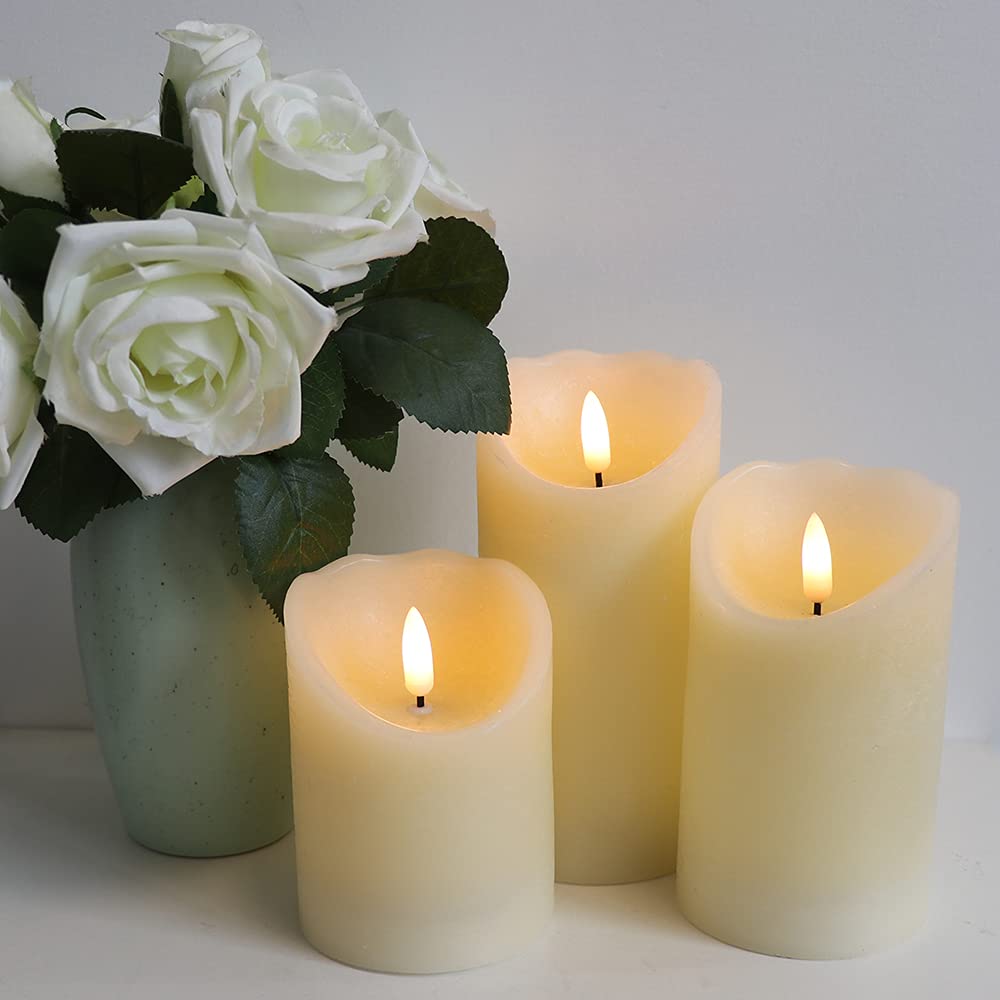 Eldnacele Flameless Flickering LED Candles with Timer - Set of 3 Real Wax Battery Operated 3D Wick Pillar Candles (3