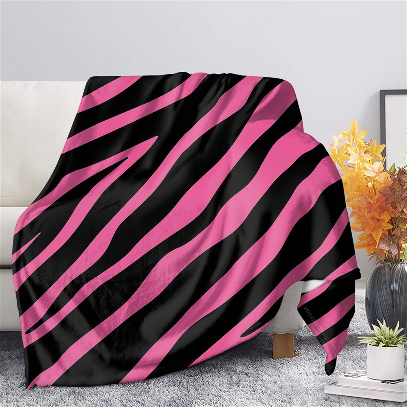 Pink Zebra Print Flannel Throw Blanket - Soft Full Size Couch Sofa Cover - Machine Washable Cozy Blanket for Bedroom, Living Room & Travel - Perfect for Home Decor, Snuggling & Gifts