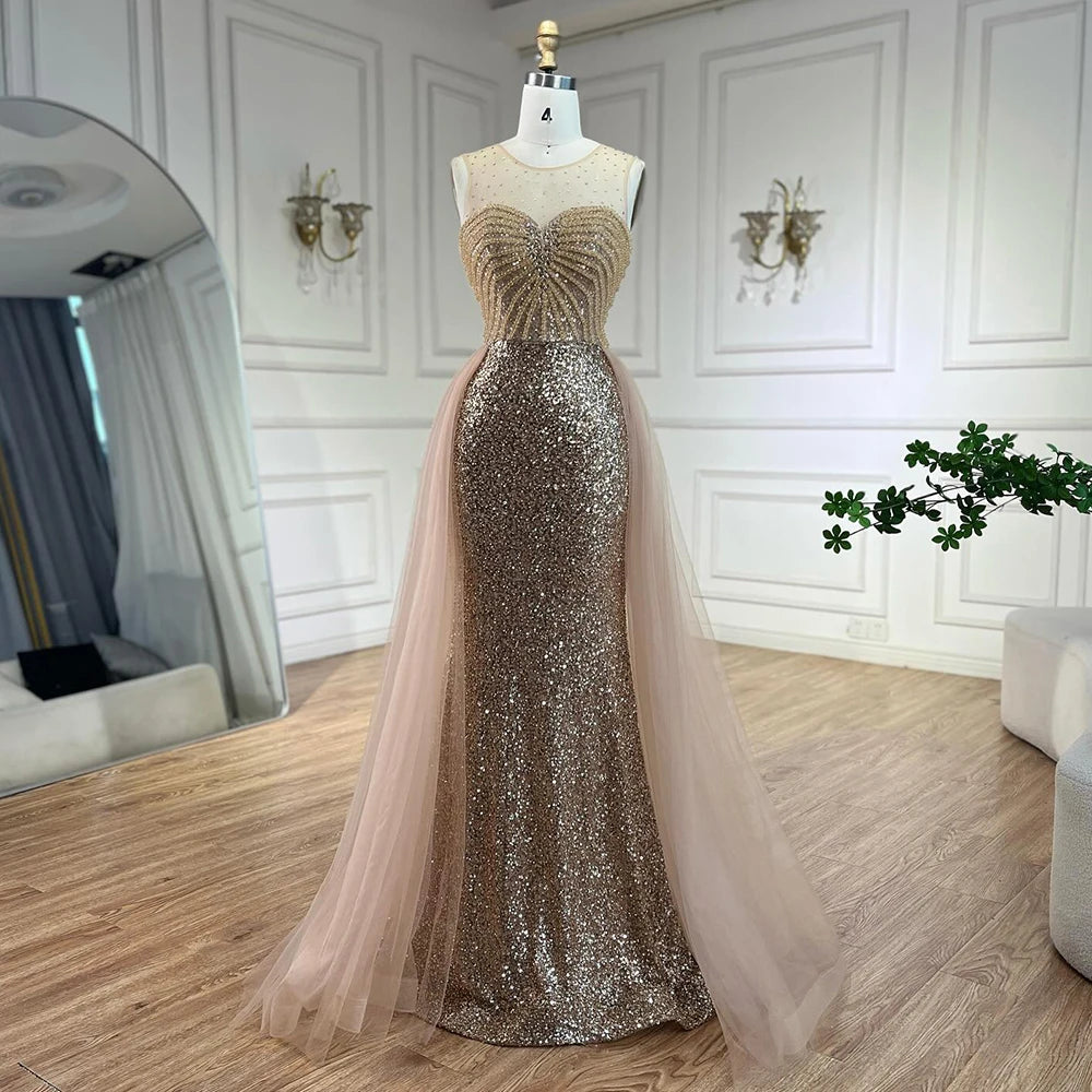 Sparkling Crystal Gold Evening Gown with Detachable Overskirt LA72588 - Elegant Prom Dress for Formal Events & Wedding Parties
