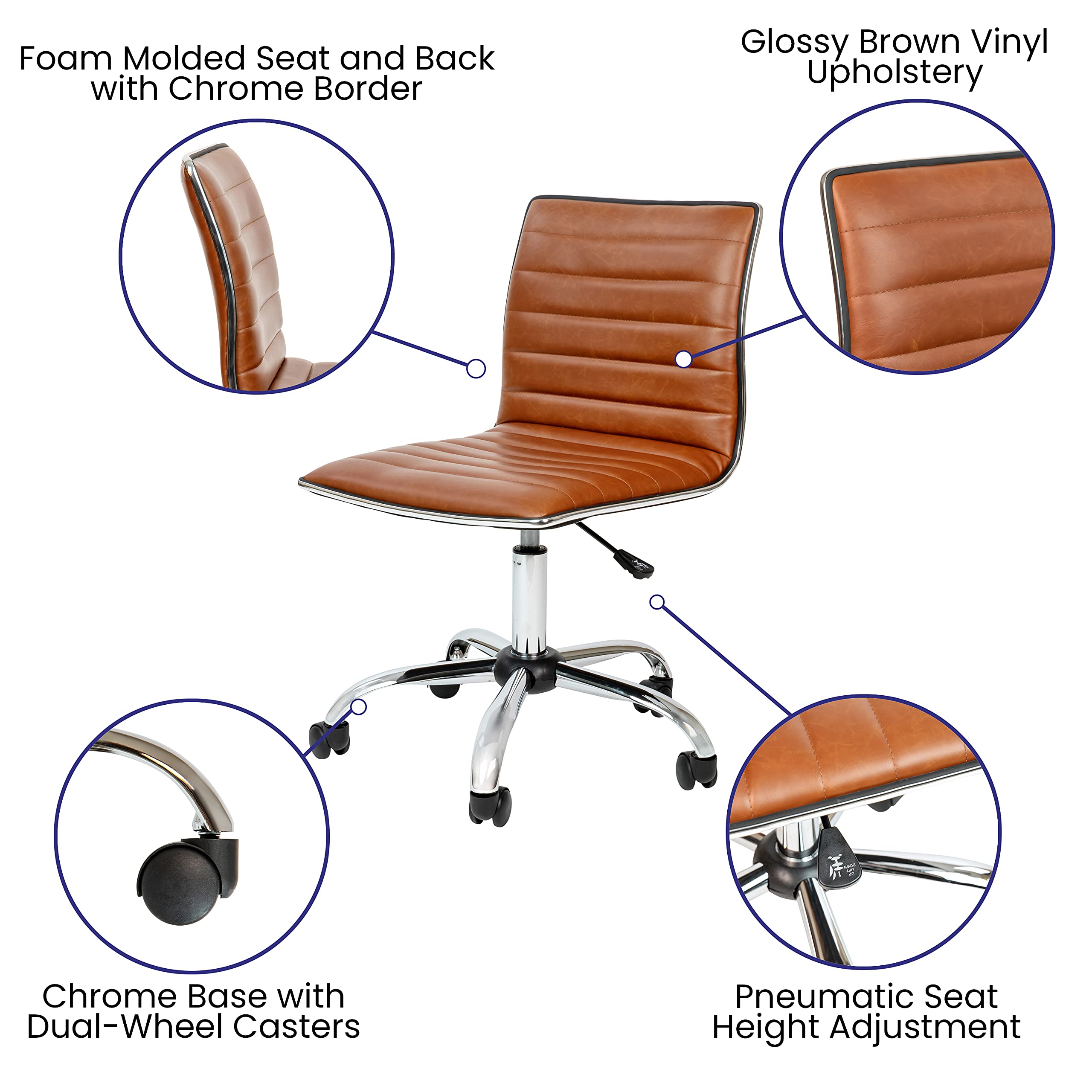 Flash Furniture Alan Office Task Chair - Brown Vinyl Ergonomic Desk Chair with Chrome Frame, Armless Design, Ribbed Back Support & Comfortable Seat for Home Office, Study or Workspace - Perfect for Long Hours Computer Work & Conference Rooms