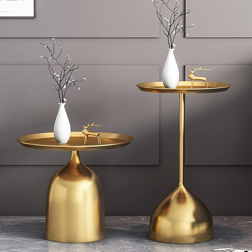 Modern Round Side Table - Gold Metal Tray Coffee Table, Minimalist End Table & Luxury Bedside Table (48x44cm) - Perfect for Living Room, Bedroom & Office Decor