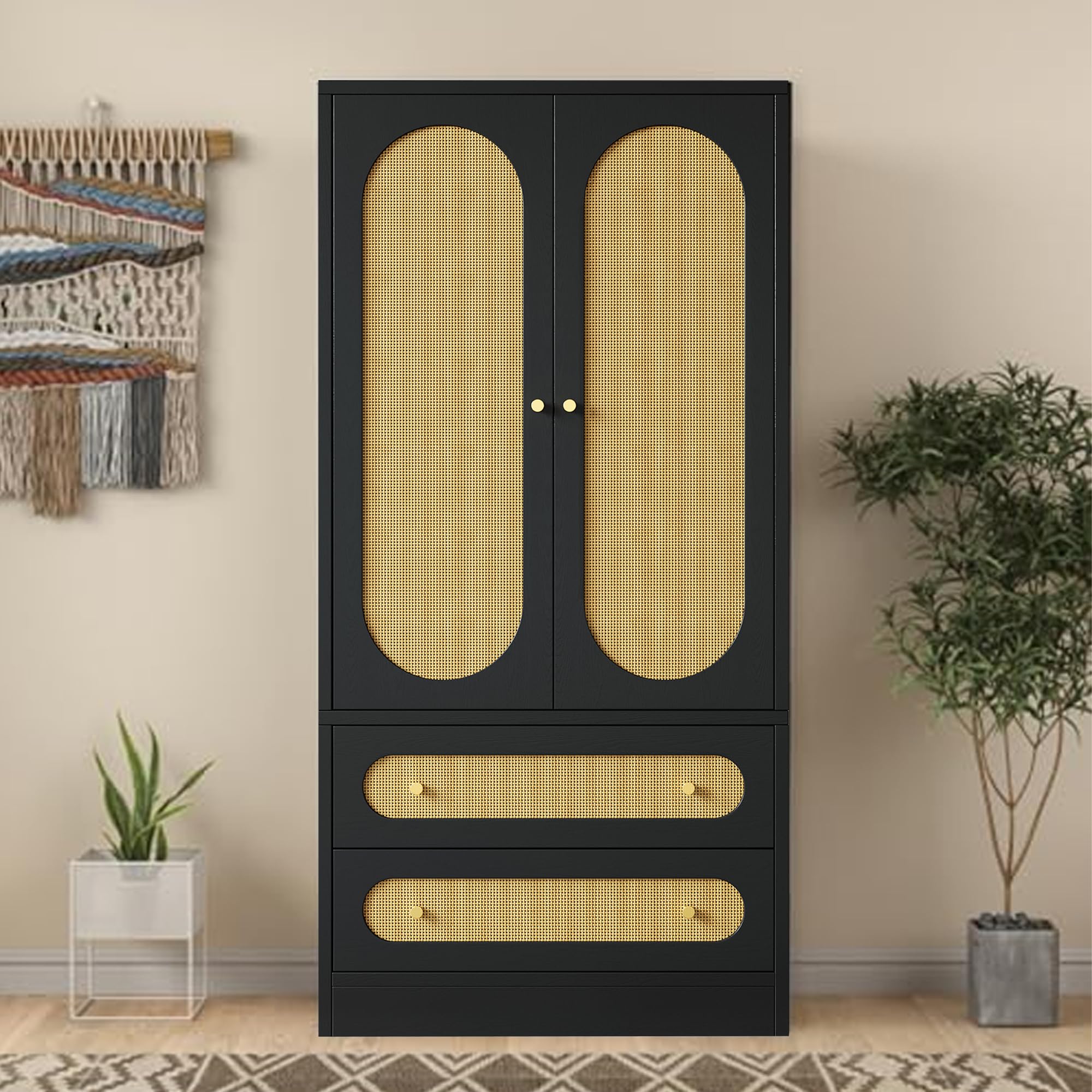 Rattan Wardrobe Closet - Freestanding Storage Cabinet with Wide Drawers & Hanging Rod, Large Capacity Bedroom Organizer with Gold Handles (Black, 2-Pack) - Perfect for Bedroom, Closet & Dorm Organization