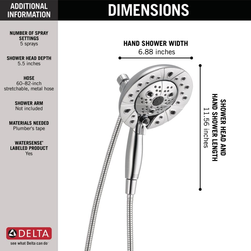 Delta Faucet 5-Spray In2ition Dual Shower Head with Handheld Spray - H2Okinetic Technology, Magnetic Docking, 1.75 GPM Water Flow, Chrome Finish (Model 58480-PK) - Perfect for Spa-Like Showers, Bathroom Upgrades & Water Conservation