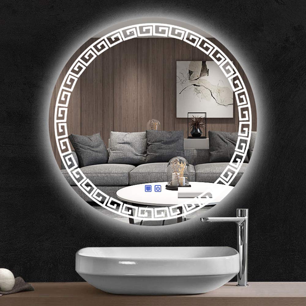 Round LED Vanity Mirror with Anti-Fog & Dual Touch Control - Chinese Style Lace Design (60x60cm, 70x70cm, 80x80cm, 90x90cm) for Bathroom Makeup & Dressing Room Decor