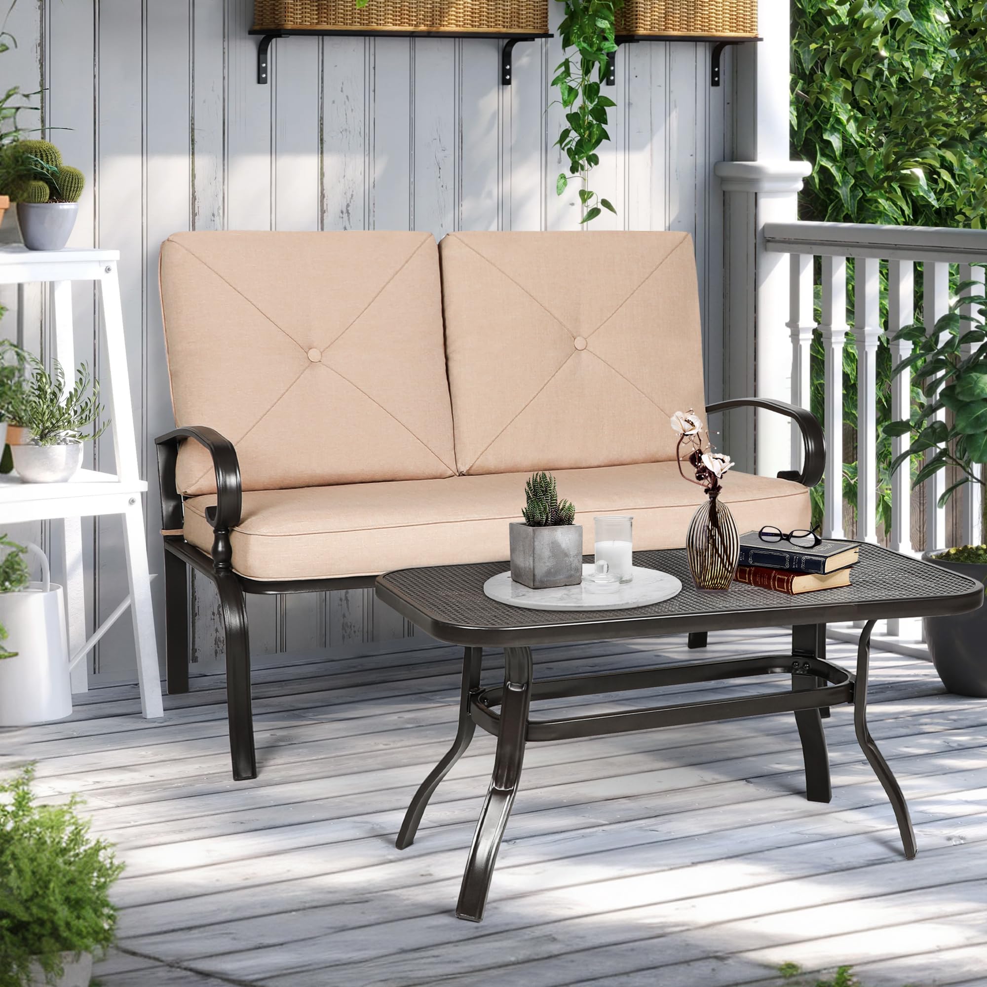 Incbruce 2-Piece Outdoor Patio Loveseat Set with Coffee Table & Cushion - Wrought Iron Metal Frame Garden Bench for Porch, Poolside, Backyard - Weather-Resistant Brown Patio Furniture (Perfect for Relaxing, Entertaining Guests & Outdoor Dining)