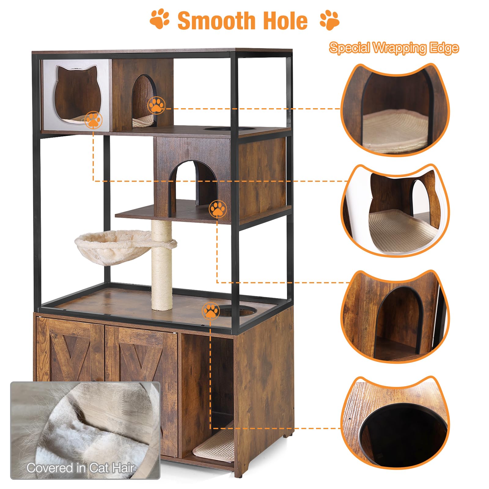 Hidden Cat Litter Box Enclosure Furniture with Metal Frame & Barn Door - Wooden Kitty House Washroom for Large Cats - Fits Most Litter Boxes (Medium, Natural Wood) - Perfect for Living Rooms, Bedrooms & Home Decor