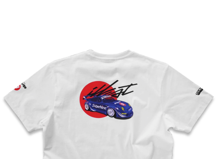 Illest x Tarmac Works Collaboration T-Shirt - RWB 993 SuperNine White - Streetwear & Car Enthusiast Fashion for Casual Wear