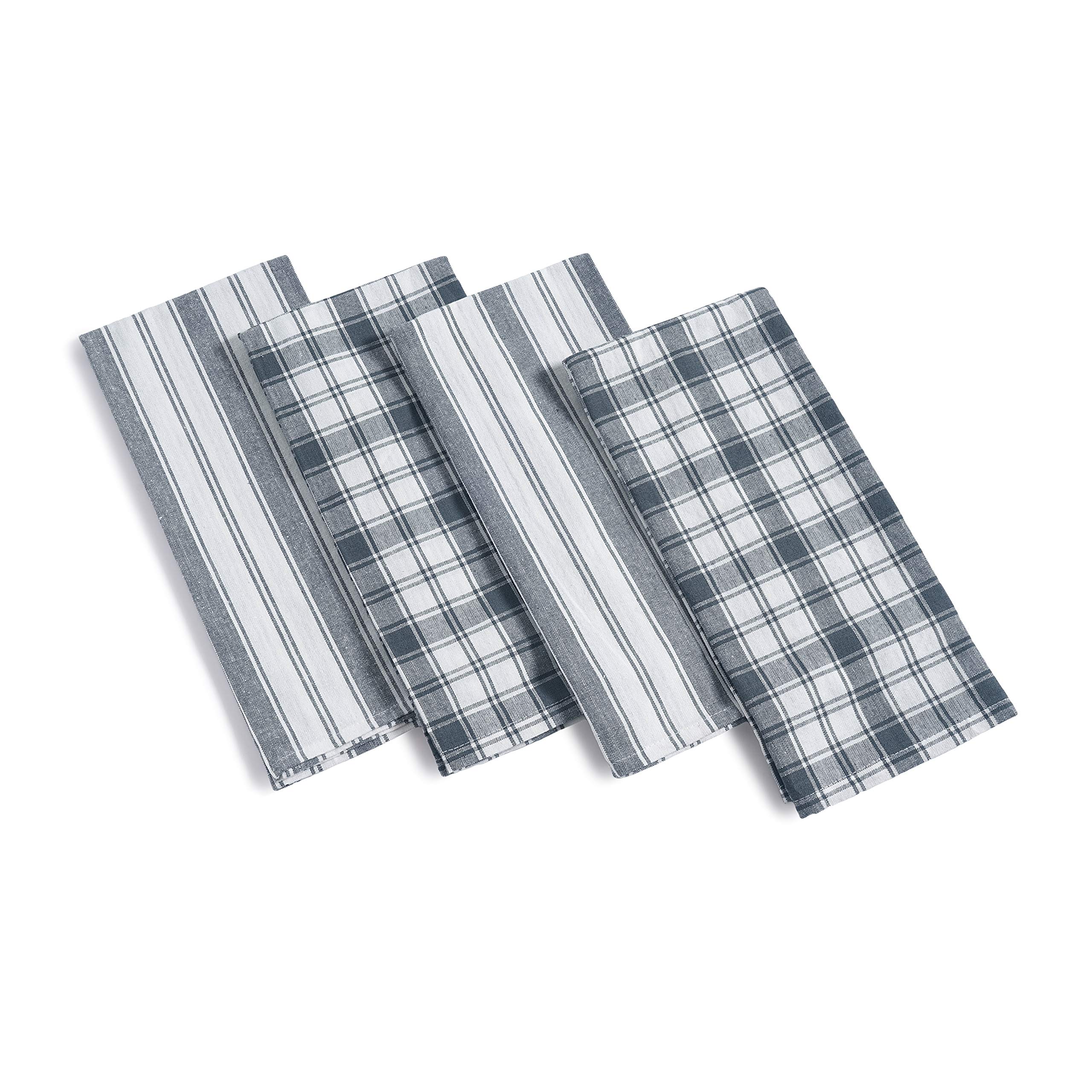 Premium 4-Pack Cotton Kitchen Towels Set - 2 Check & 2 Stripe Dish Towels - 100% Ring Spun Cotton - 18