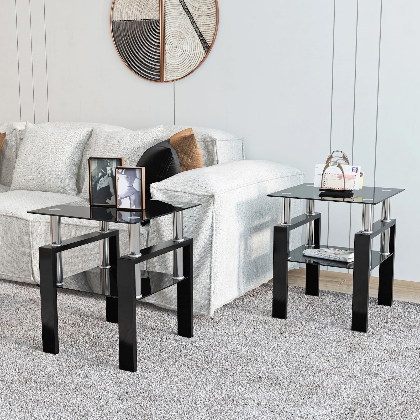 Modern All-Black Glass Coffee Table Set of 3 Pieces - Tempered Glass Top with Sturdy Metal Legs - Perfect for Living Room, Lounge & Home Decor