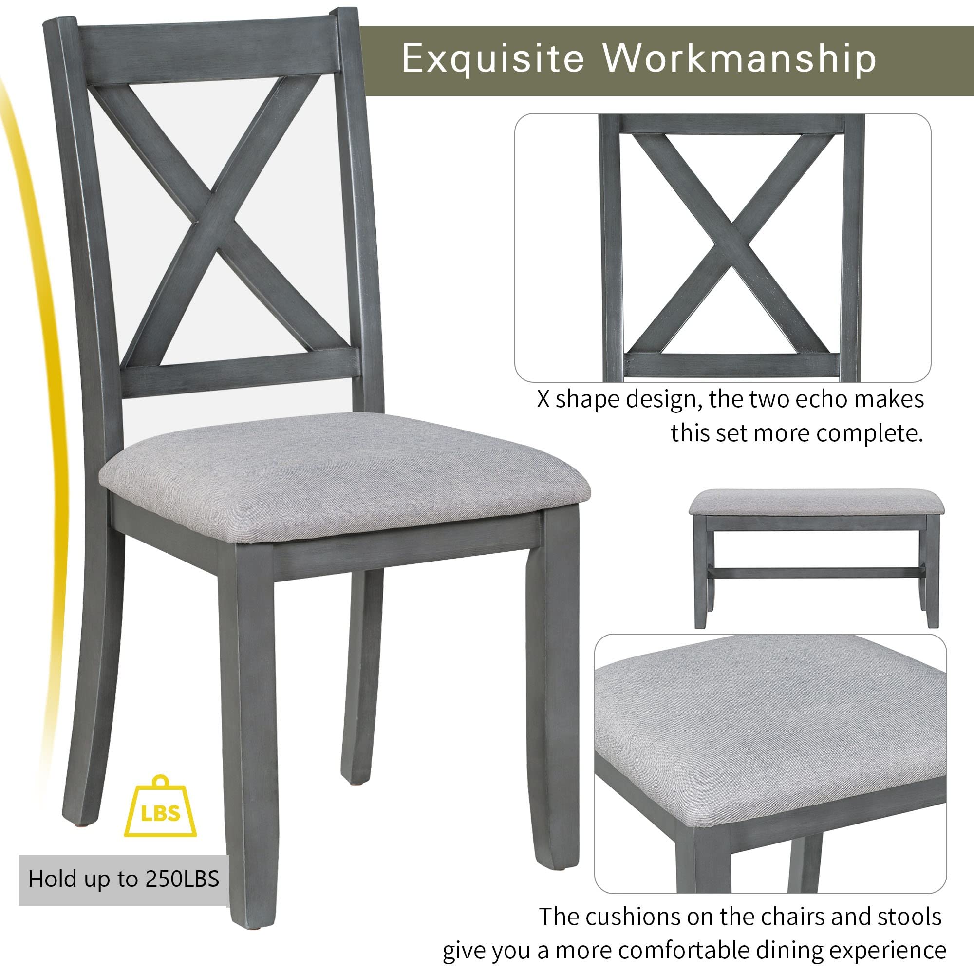 Merax 6-Piece Foldable Solid Wood Dining Set with 4 X-Back Upholstered Chairs and Bench, Grey - Perfect for Kitchen, Dining Room, and Small Spaces