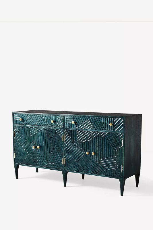 Hand Carved Wooden Buffet Sideboard with 2 Drawers & 4 Doors - Rustic Dining Room Storage Cabinet for Kitchen, Living Room or Entryway