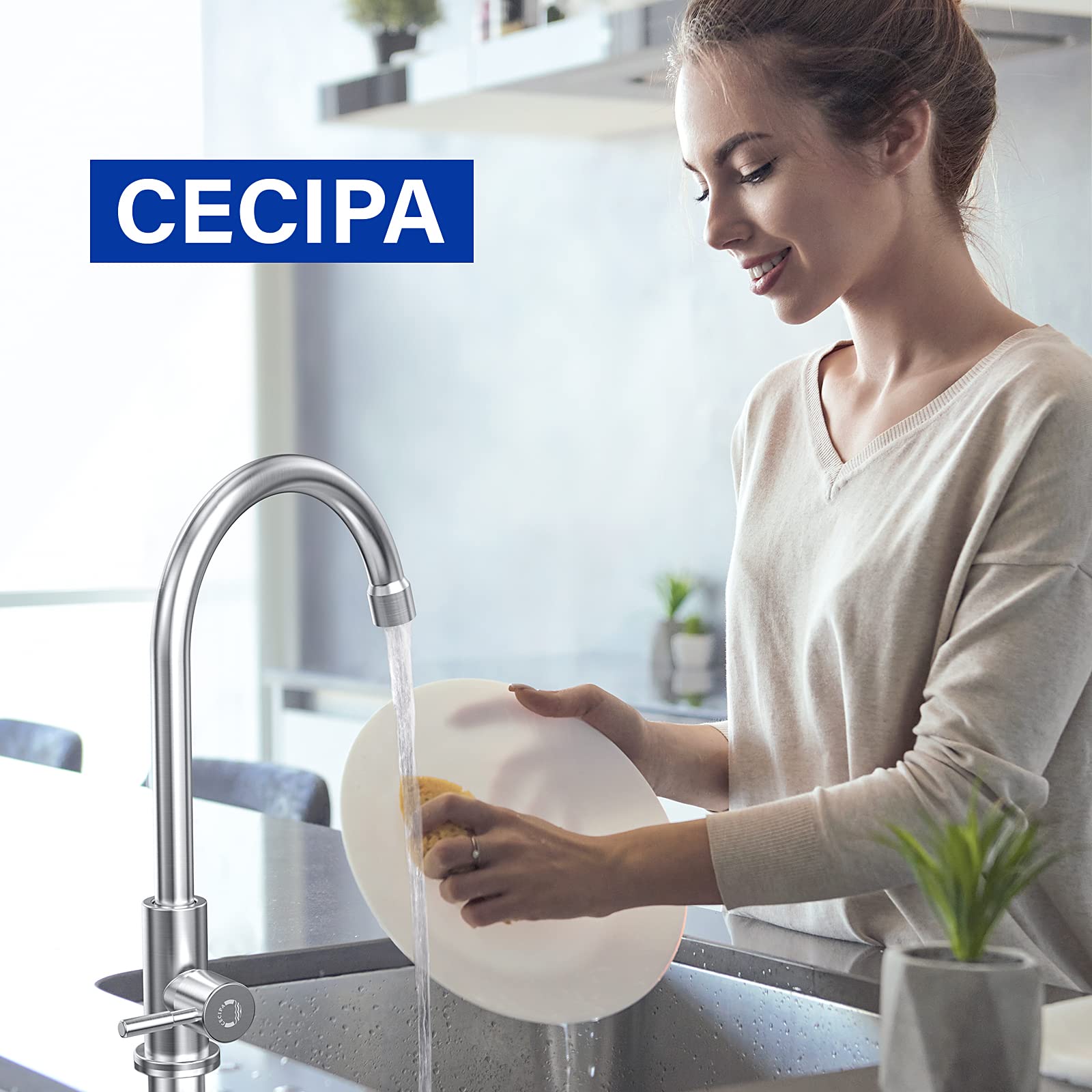 CECIPA Cold Water Only Kitchen Faucet, 304 Stainless Steel Sink Faucet with Swivel Spout, 360° Rotating Kitchen Tap for Home, Outdoor, Garage – Easy Installation (Ideal for RV, Camper, Tiny House)