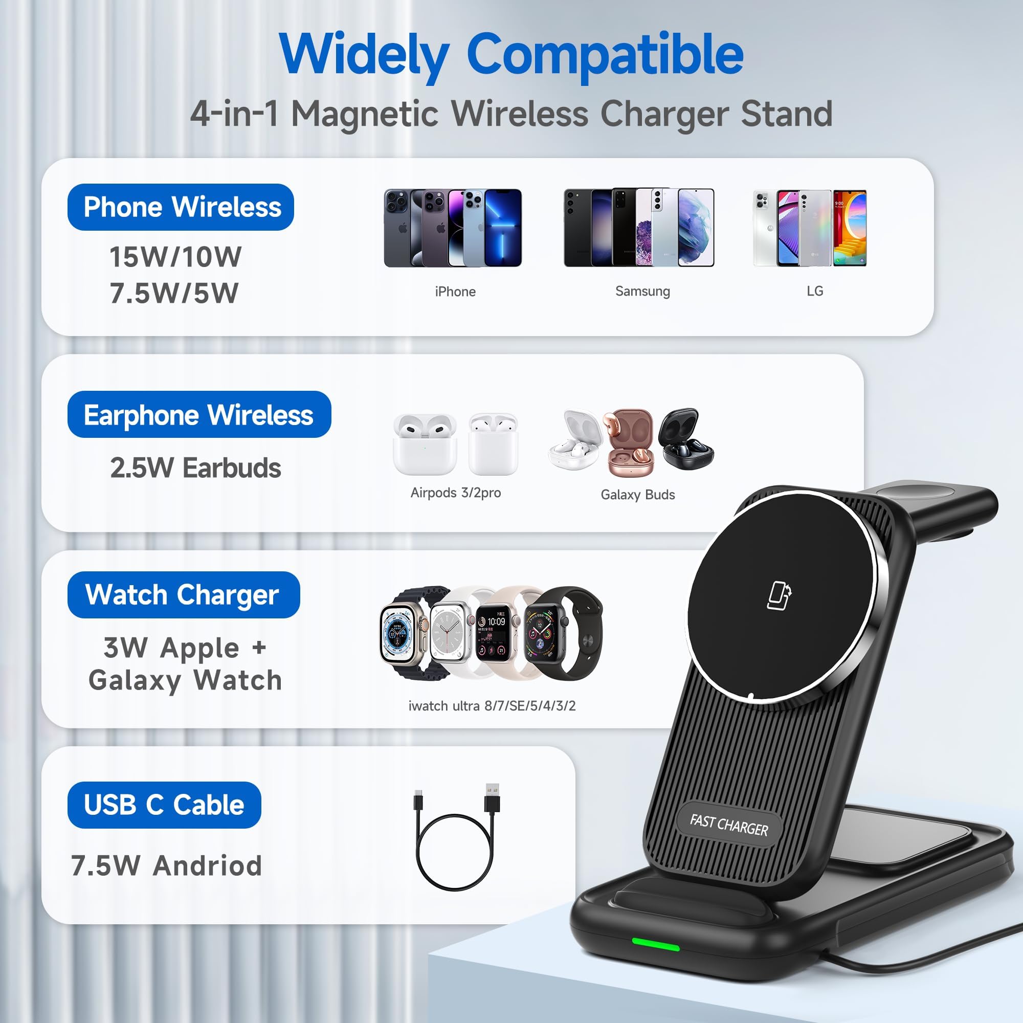4-in-1 Mag-Safe Wireless Charging Station - 24W Fast Charger for iPhone 15/14/13/12/Pro Max, Apple Watch, AirPods Pro & Samsung Galaxy S24/S23, Watch, Buds | Perfect for Home, Office & Travel Charging Needs