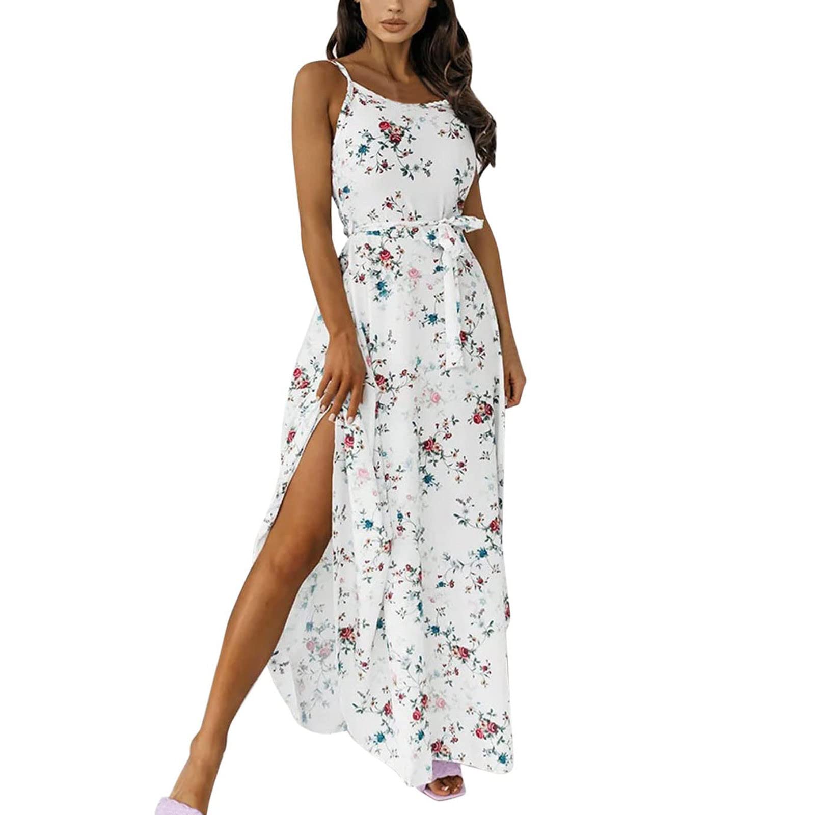 Women's Floral Printed Sleeveless Maxi Dress with Spaghetti Straps & Belt - Summer Casual Flowy Slit Tank Dress for Beach, Vacation & Outdoor Parties