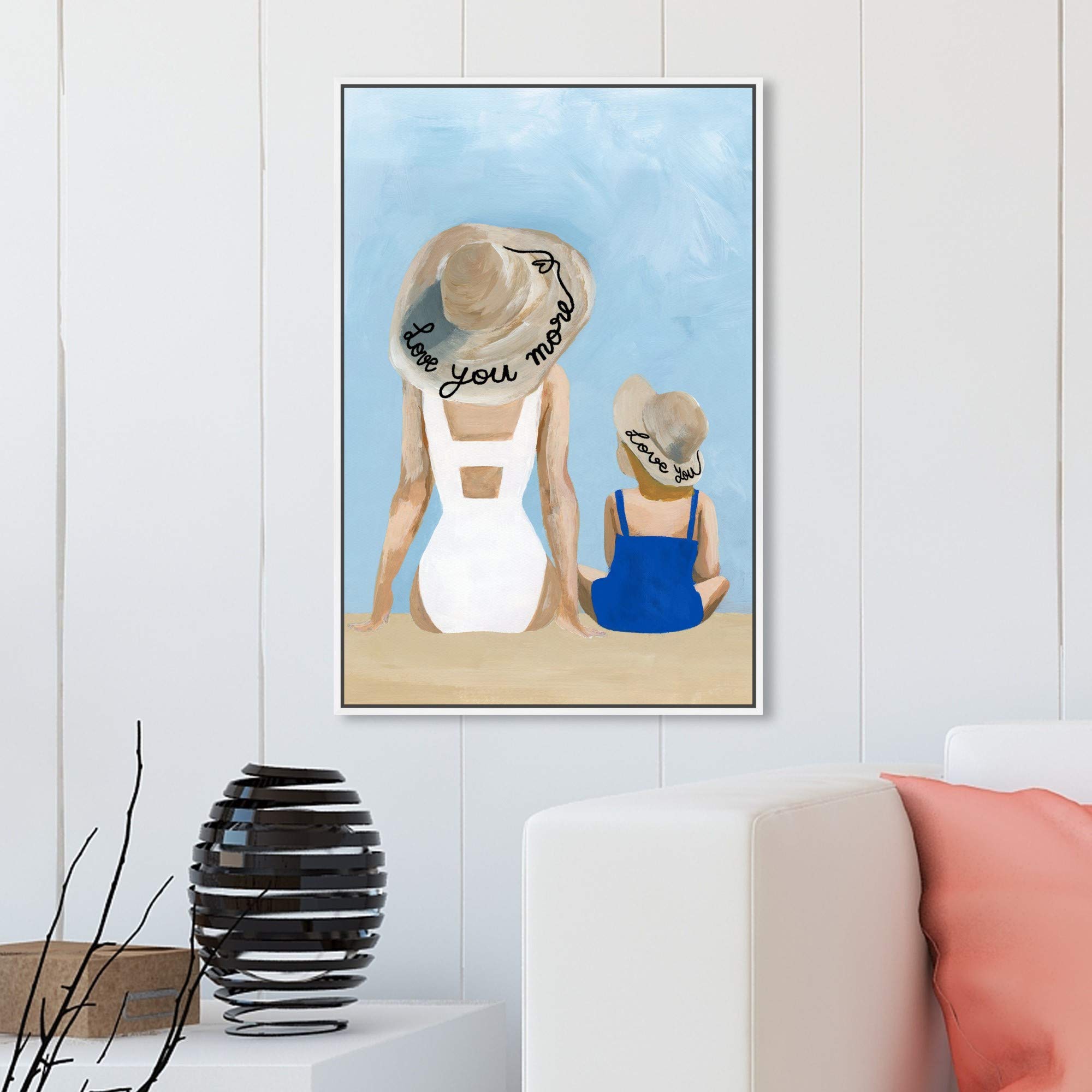 Oliver Gal Artist Co. 'Love You More' Swimsuit Wall Art - 20x30 Inch Blue & White Framed Canvas Print for Beach House Decor, Bedroom & Bathroom Wall Decor - Fashion Glam Home Décor