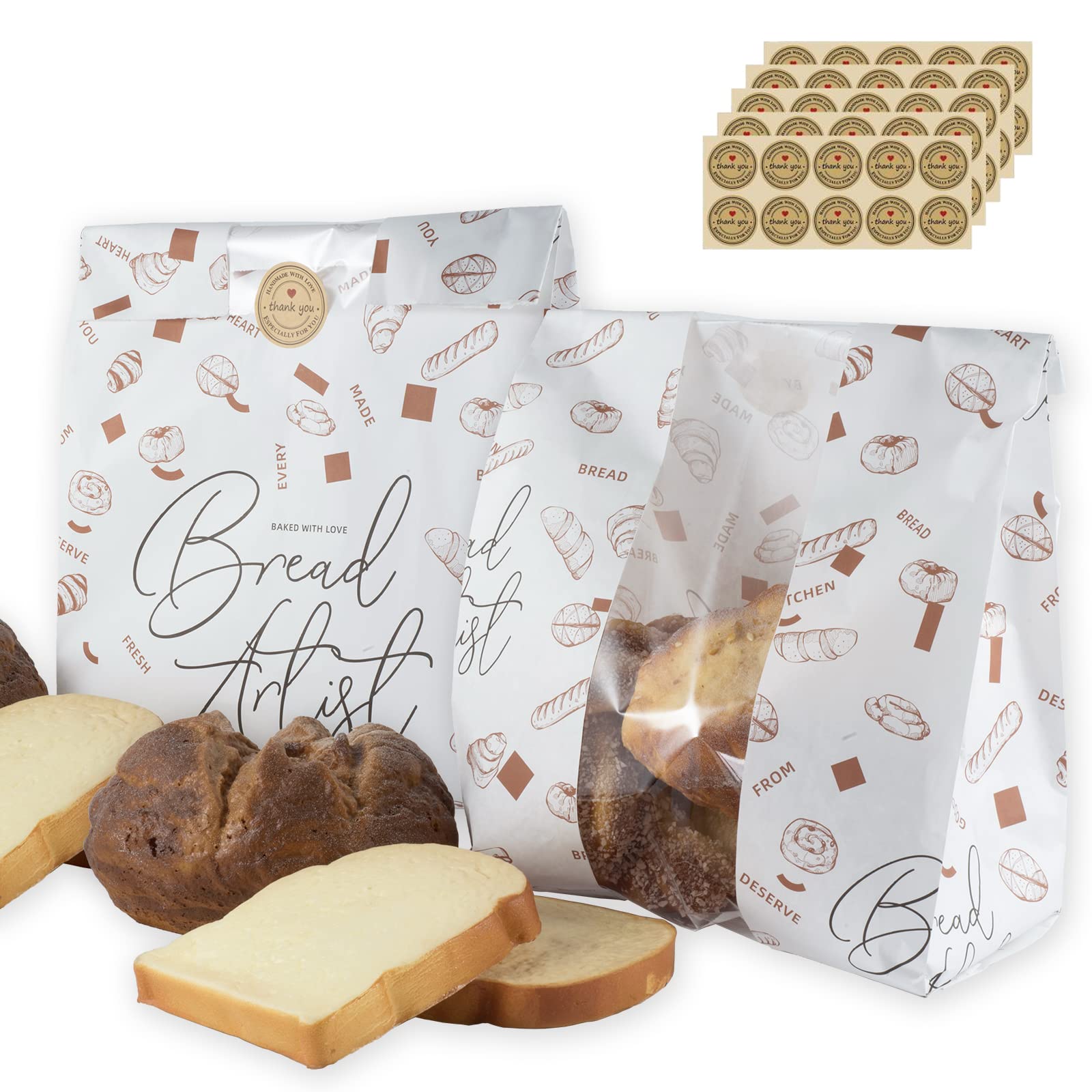 50 Pack Large Paper Bread Bags with Front Window - 13.8 x 9.5 x 4.3 Inch Eco-Friendly Bakery Bags for Homemade Bread, Pastries & Gift Giving - Includes Stickers for Easy Labeling - Perfect for Bakeries, Farmers Markets & Home Bakers