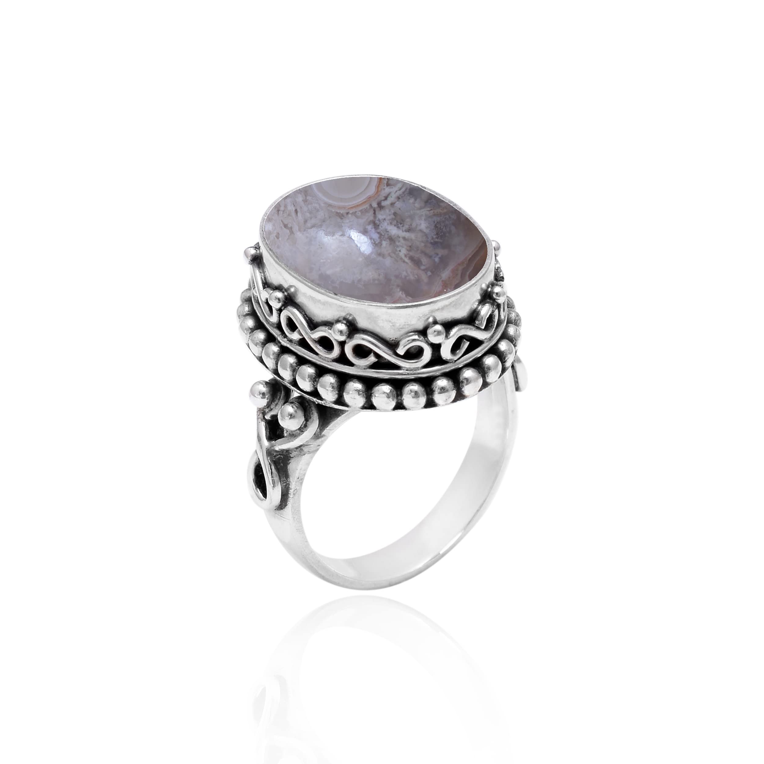 Veracity Jewelry 925 Sterling Silver Crazy Lace Agate Ring for Women - Natural Brown White Gemstone Healing Meditation Jewelry (VSR-320) - Perfect for Yoga, Spiritual Practice & Everyday Elegant Wear